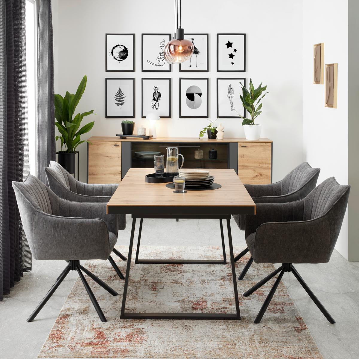 Ausziehtisch in Eichefarben - Eichefarben/Schwarz, Modern, Holzwerkstoff/Metall (160-205/90/76cm) - Premium Living