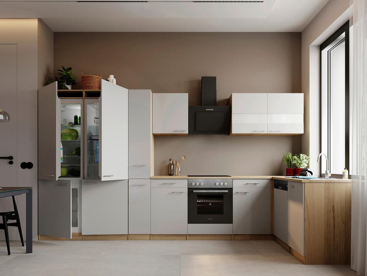 Eckküche Merle m. Geräten ca. 370x172cm Weiß - Edelstahlfarben/Eichefarben, Trend, Holzwerkstoff/Metall (370/172cm) - Respekta