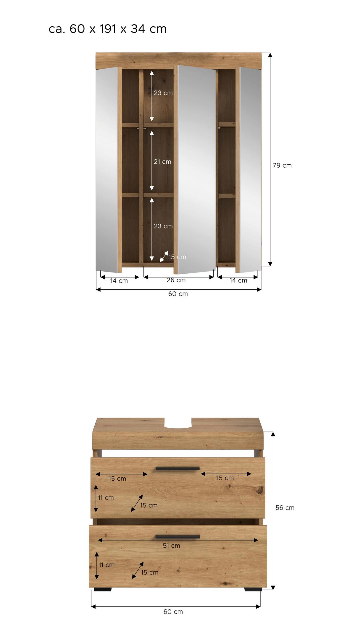 Badezimmer Scout Eiche Artisan 2-teilig - Schwarz/Eiche Artisan, Trend, Glas/Holzwerkstoff (60cm) - MID.YOU