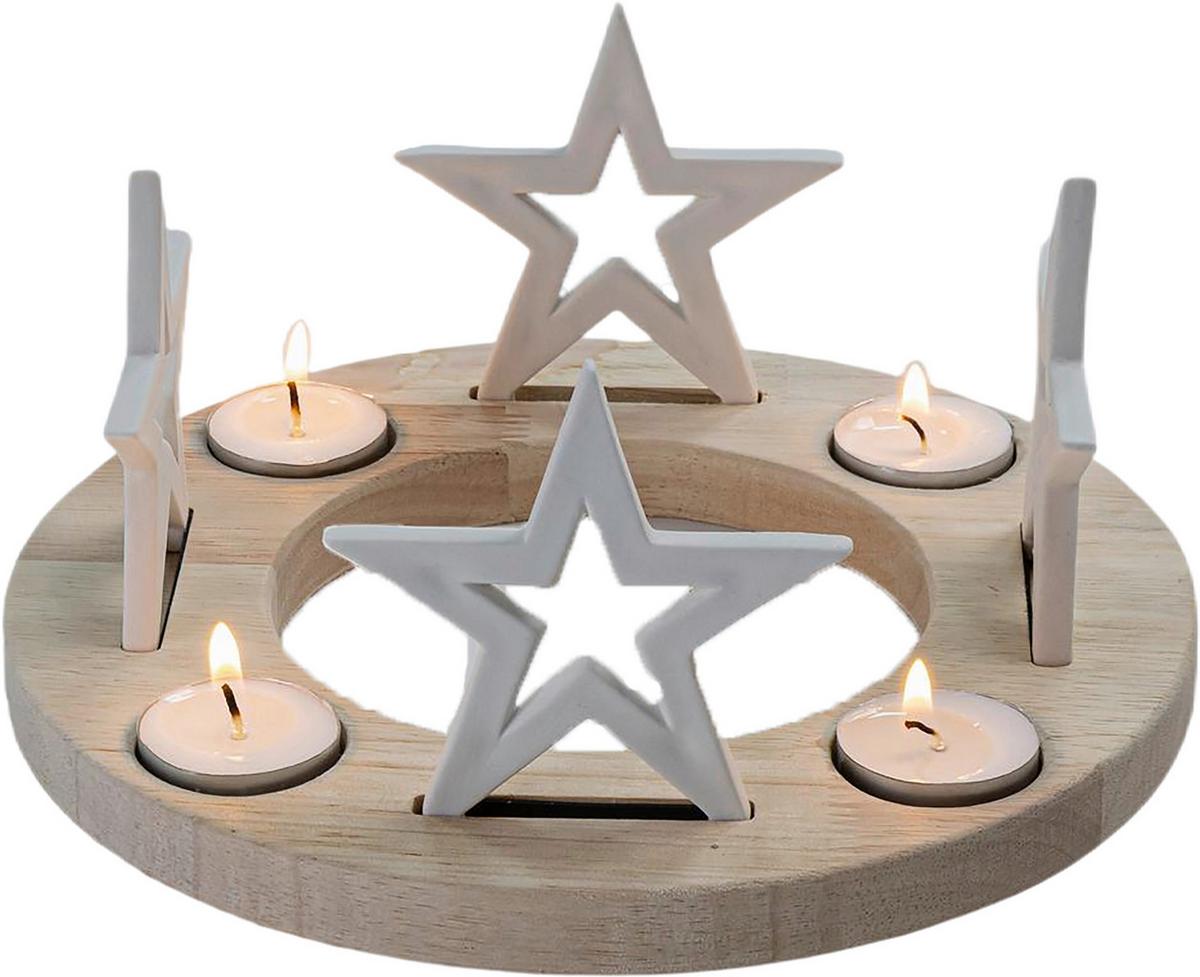 ŚWIECZNIK TEALIGHT 97-23B588-1 - biały/jasnobrązowy, Lifestyle, drewno/ceramika (23,8/11cm) - X-Mas