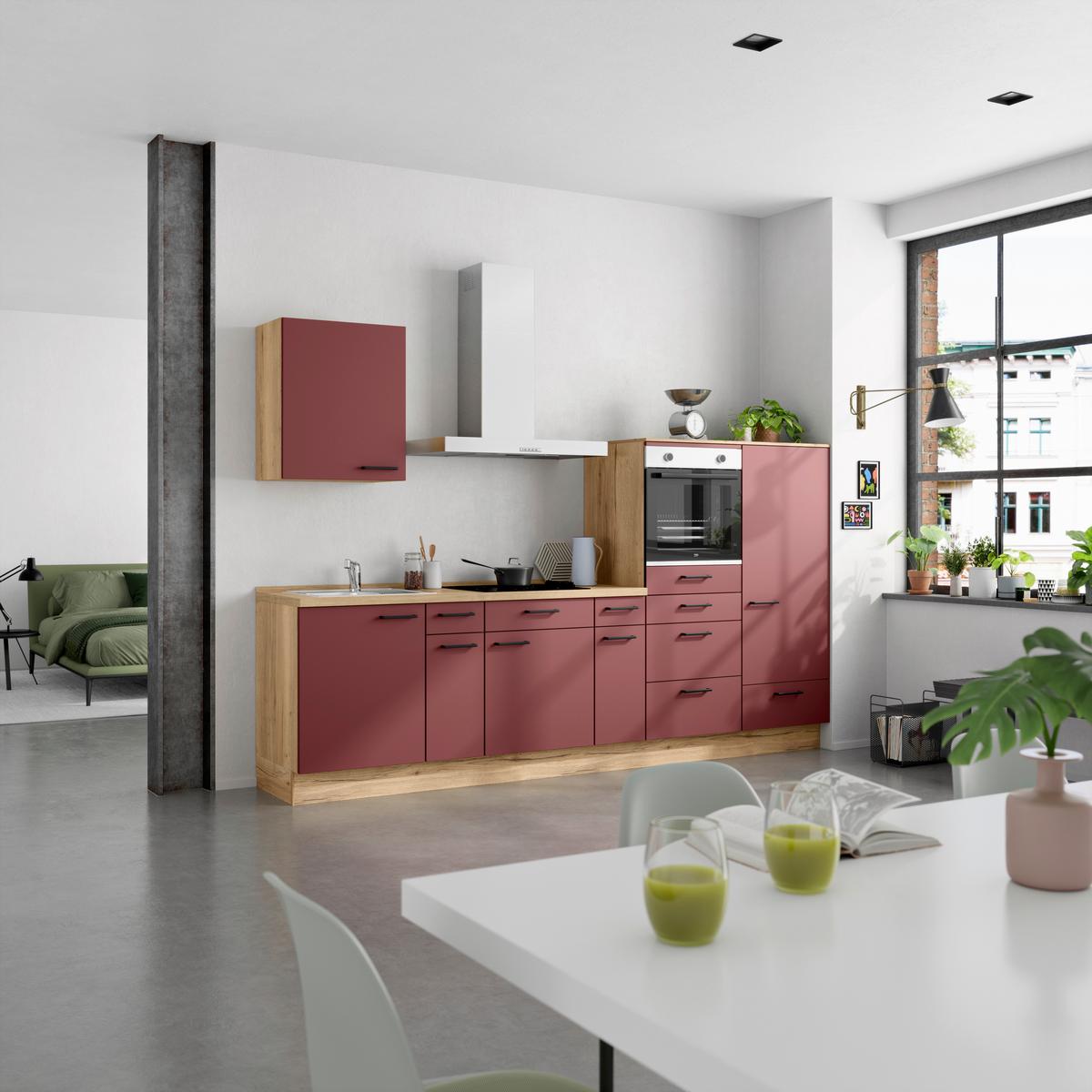 Küchenblock Easytouch Low m. Geräten Dunkelrot - Eichefarben/Schwarz, MODERN, Holzwerkstoff/Metall (300cm) - Nobilia