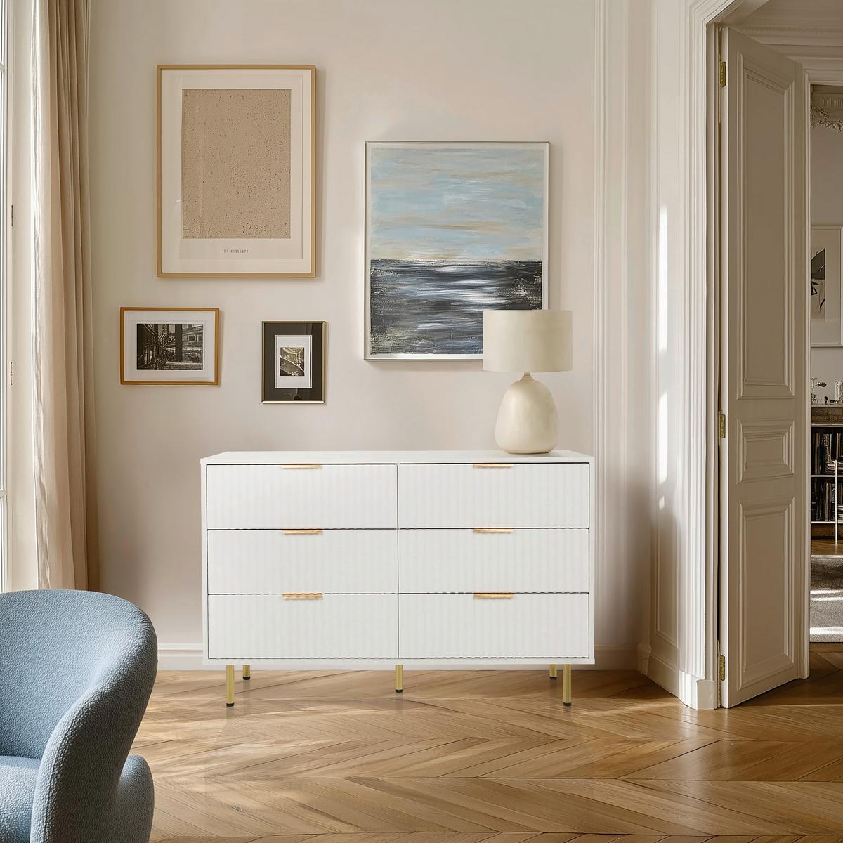 Široka Komoda Hjelle, Bela - zlate barve/bela, Moderno, kovina/leseni material (120/75/40cm) - MID.YOU