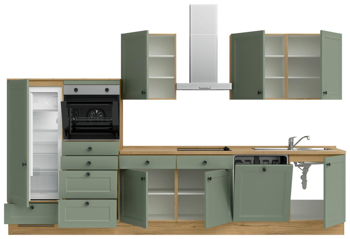 Küchenblock Cascada Low m. Geräten Schilfgrün - Schilfgrün/Eichefarben, MODERN, Holzwerkstoff/Metall (360cm) - Nobilia