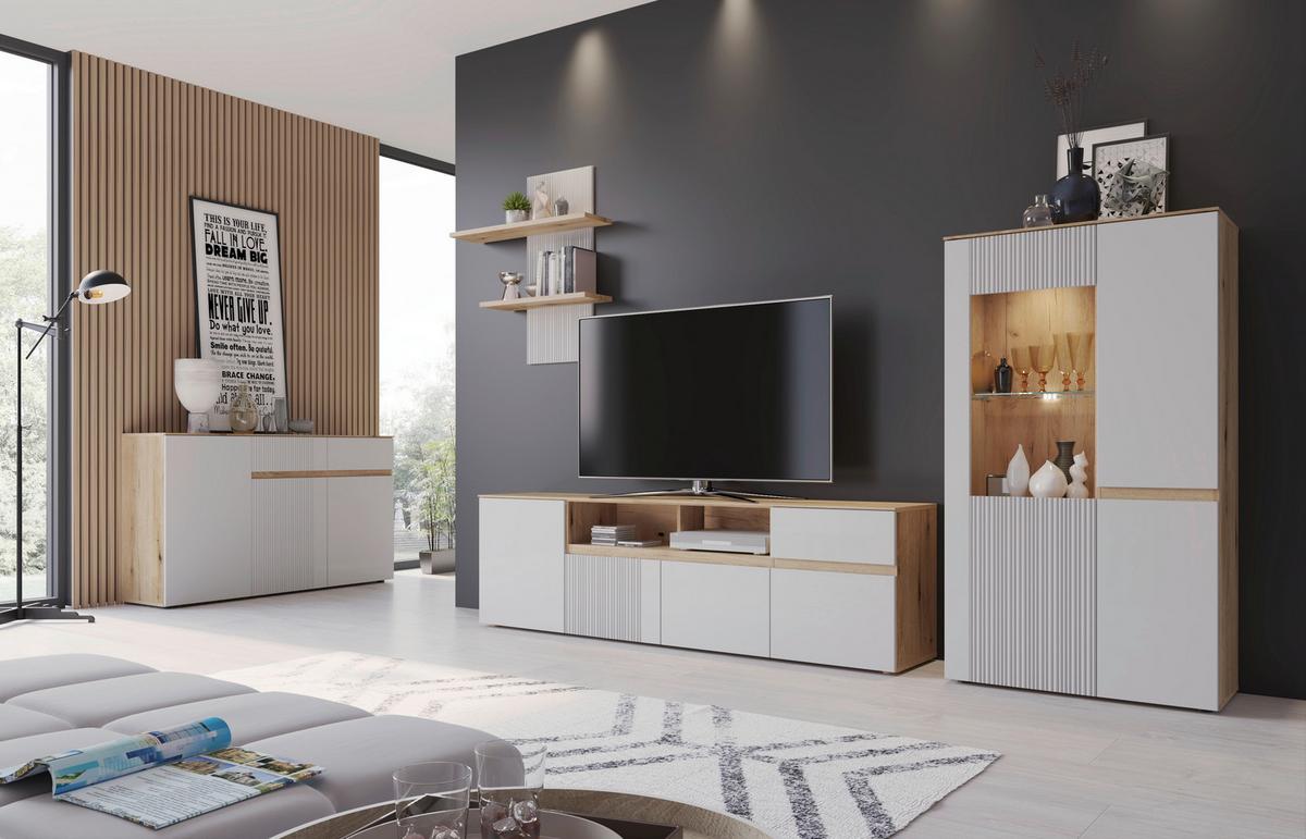 Comodă TV MANILLA - gri deschis/culoare lemn stejar, Trend, material pe bază de lemn (200/59,5/40cm) - Modern Living