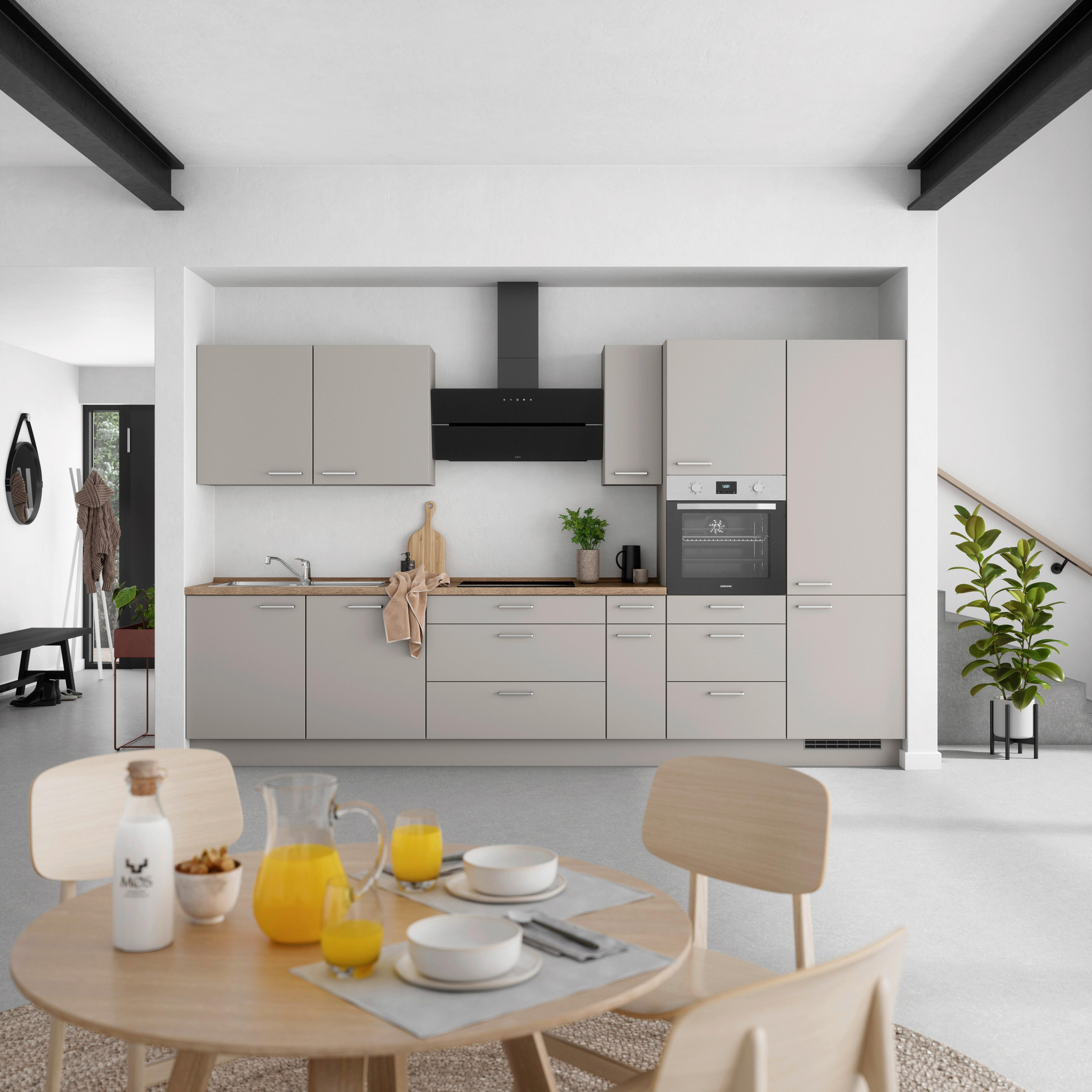 Küchenblock Touch High m. Geräten Grau - Eiche dunkel/Edelstahlfarben, MODERN, Holzwerkstoff/Metall (360cm) - Nobilia