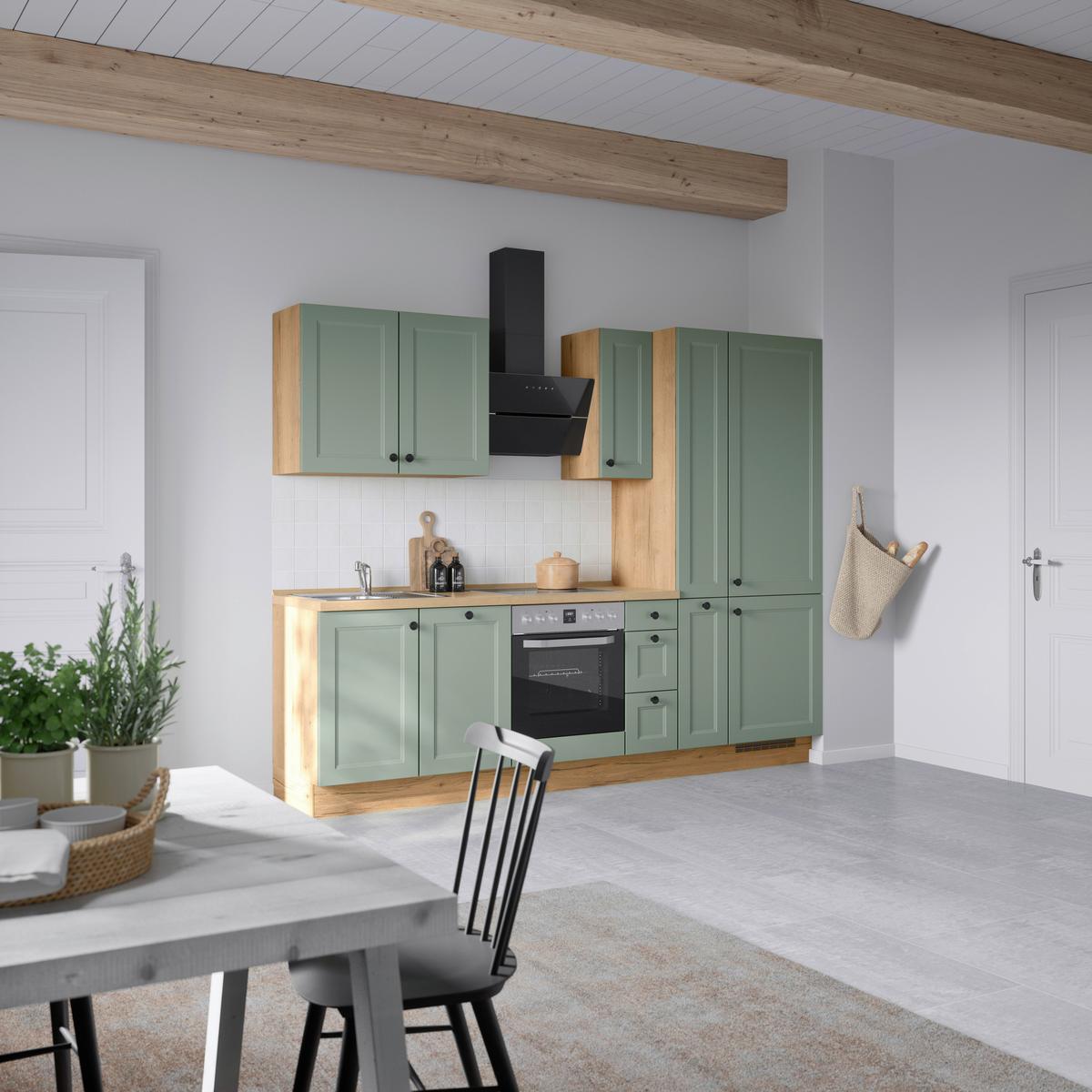Küchenblock Casada High m. Geräten Schilfgrün - Schilfgrün/Eichefarben, MODERN, Holzwerkstoff/Metall (270cm) - Nobilia