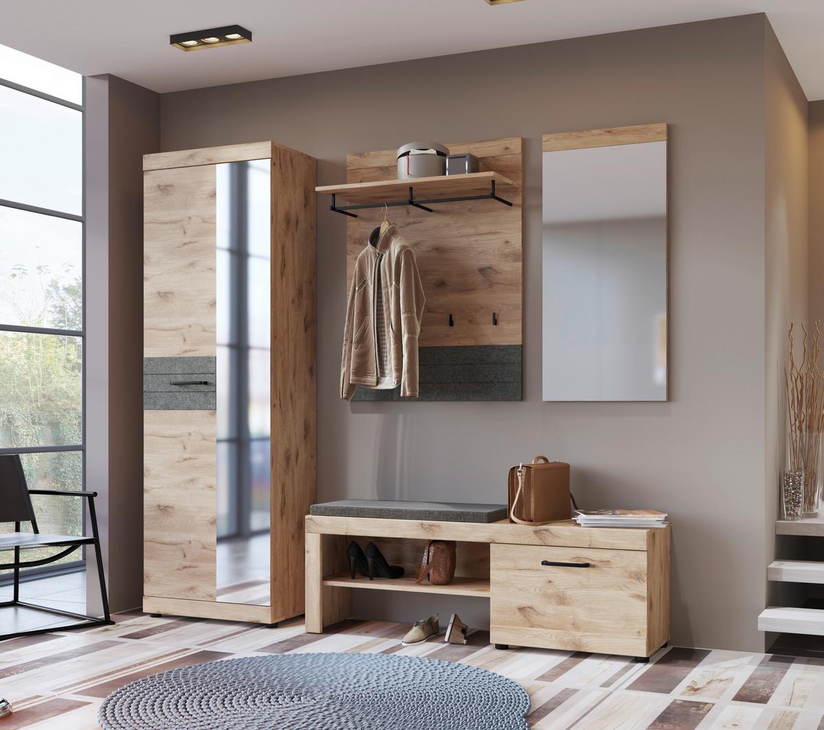 Panou cuier ROXY - gri închis/culoare lemn stejar, Design, material pe bază de lemn (80/107/31cm) - Modern Living