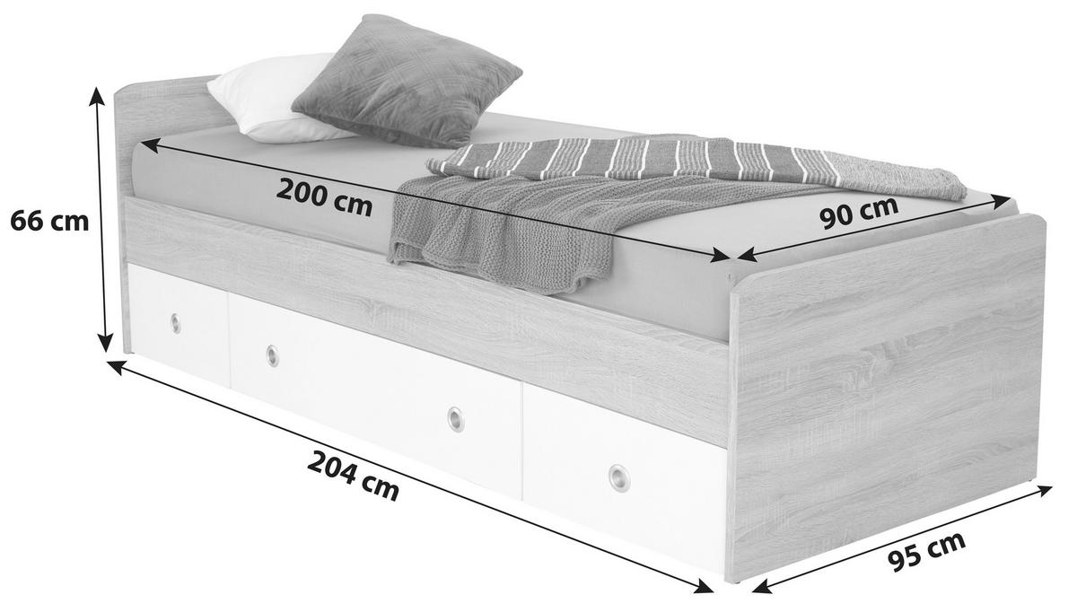 Stauraumbett Wiki ca. 204x95 cm Weiß/Eiche - Weiß/Sonoma Eiche, KONVENTIONELL, Holzwerkstoff (90/200cm) - MID.YOU