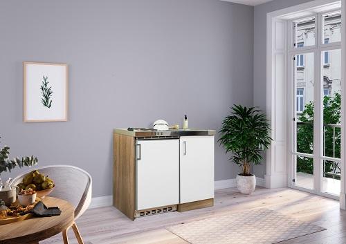 Miniküche Weiss/Eiche Sonoma m. Geräten B: ca. 100cm - Edelstahlfarben/Weiß, MODERN, Holzwerkstoff/Kunststoff (100cm) - Respekta