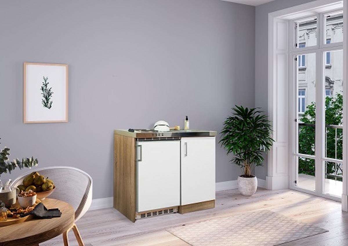 Miniküche Weiss/Eiche Sonoma m. Geräten B: ca. 100cm - Edelstahlfarben/Weiß, MODERN, Holzwerkstoff/Kunststoff (100cm) - Respekta