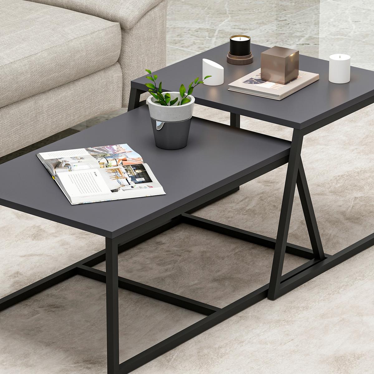 Couchtischset Minimal Couchtisch - Anthrazit/Schwarz, Design, Holzwerkstoff/Metall (75-55/38-45/50-47cm) - Livetastic