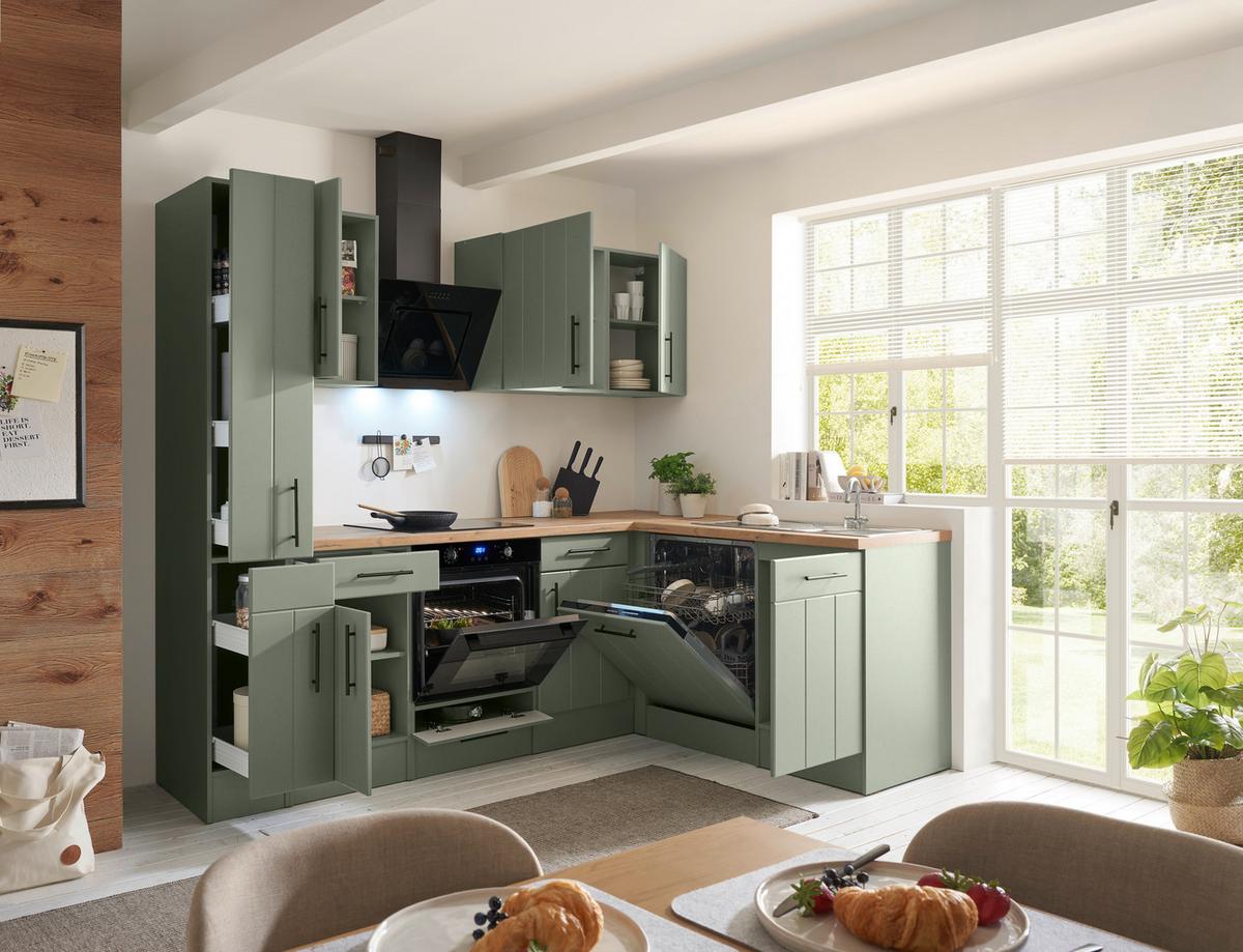 Eckküche Anton m. Geräte ca. 250x172cm Eiche/Schilfgrün - Schilfgrün/Wildeiche, Trend, Holzwerkstoff/Metall (250/172cm) - Respekta