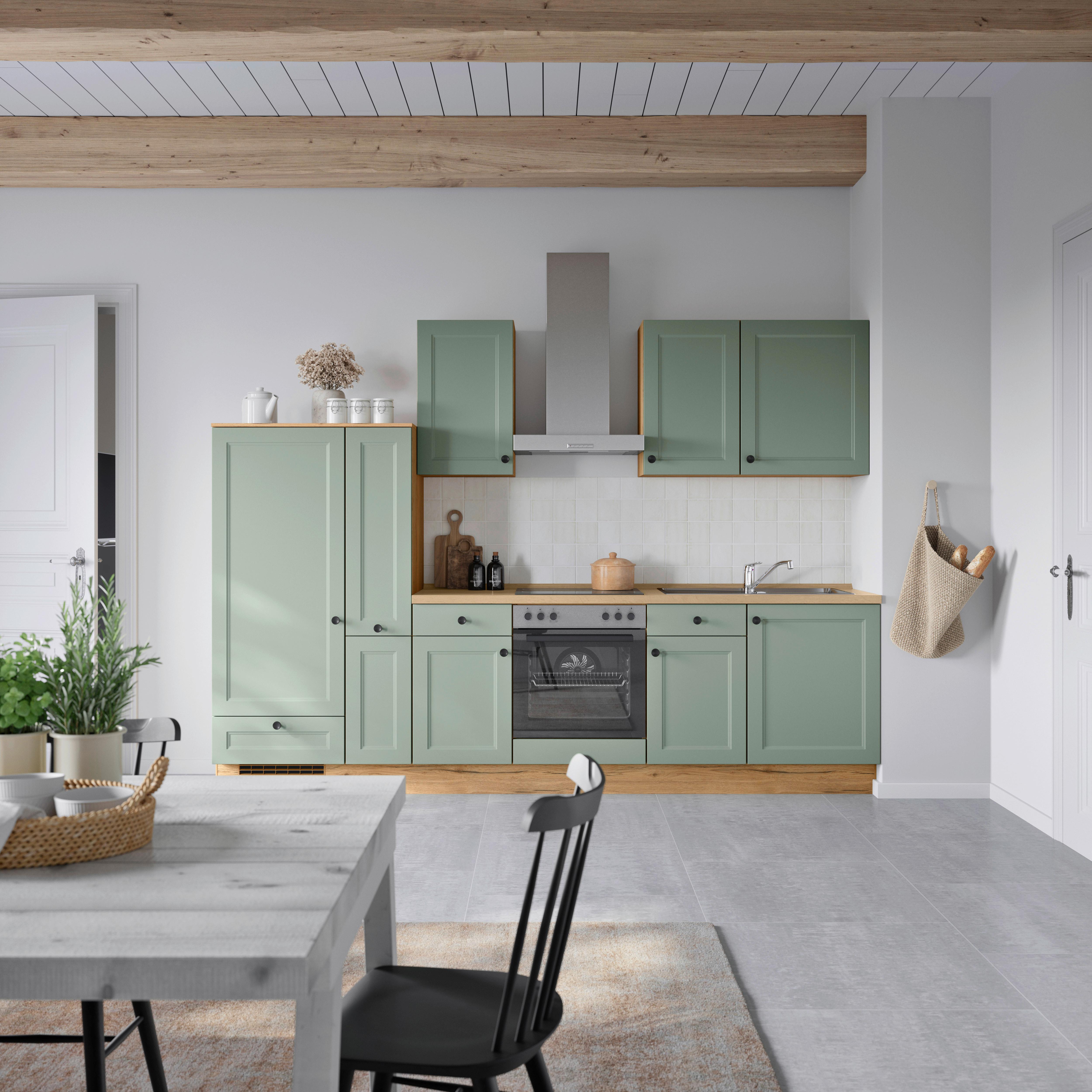 Küchenblock Cascada Low m. Geräten Schilfgrün - Schilfgrün/Eichefarben, MODERN, Holzwerkstoff/Metall (300cm) - Nobilia