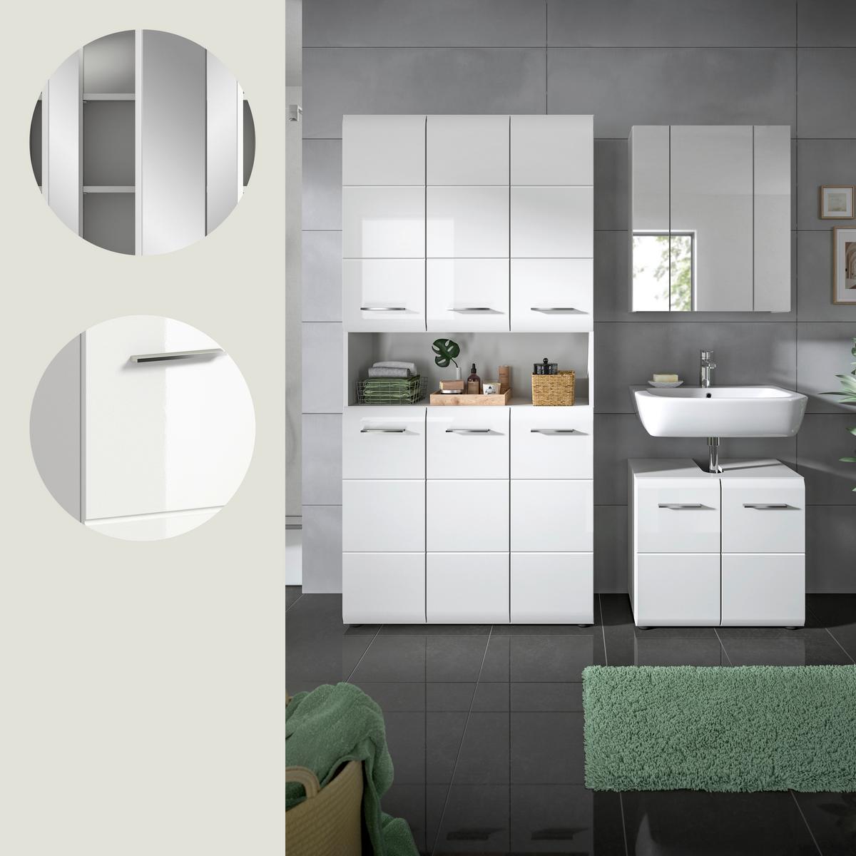 Badezimmer Ice 3-tlg. ca. 150 cm Weiß - Weiß Hochglanz/Silberfarben, MODERN, Holzwerkstoff/Kunststoff (150cm) - MID.YOU