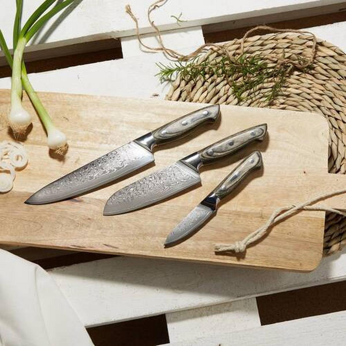 Messerset Damast, 3-teilig - Silberfarben/Grau, Holzwerkstoff/Metall (36,2/3,2/17,4cm) - Premium Living