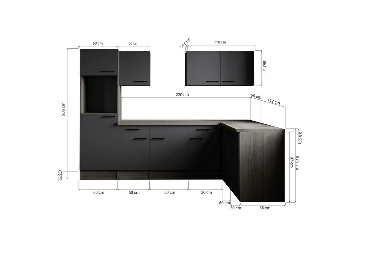 Kotna Kuhinja Brez Aparatov Oliver, 280x172cm - črna/siva, Design, kovina/leseni material (280/172cm) - Respekta