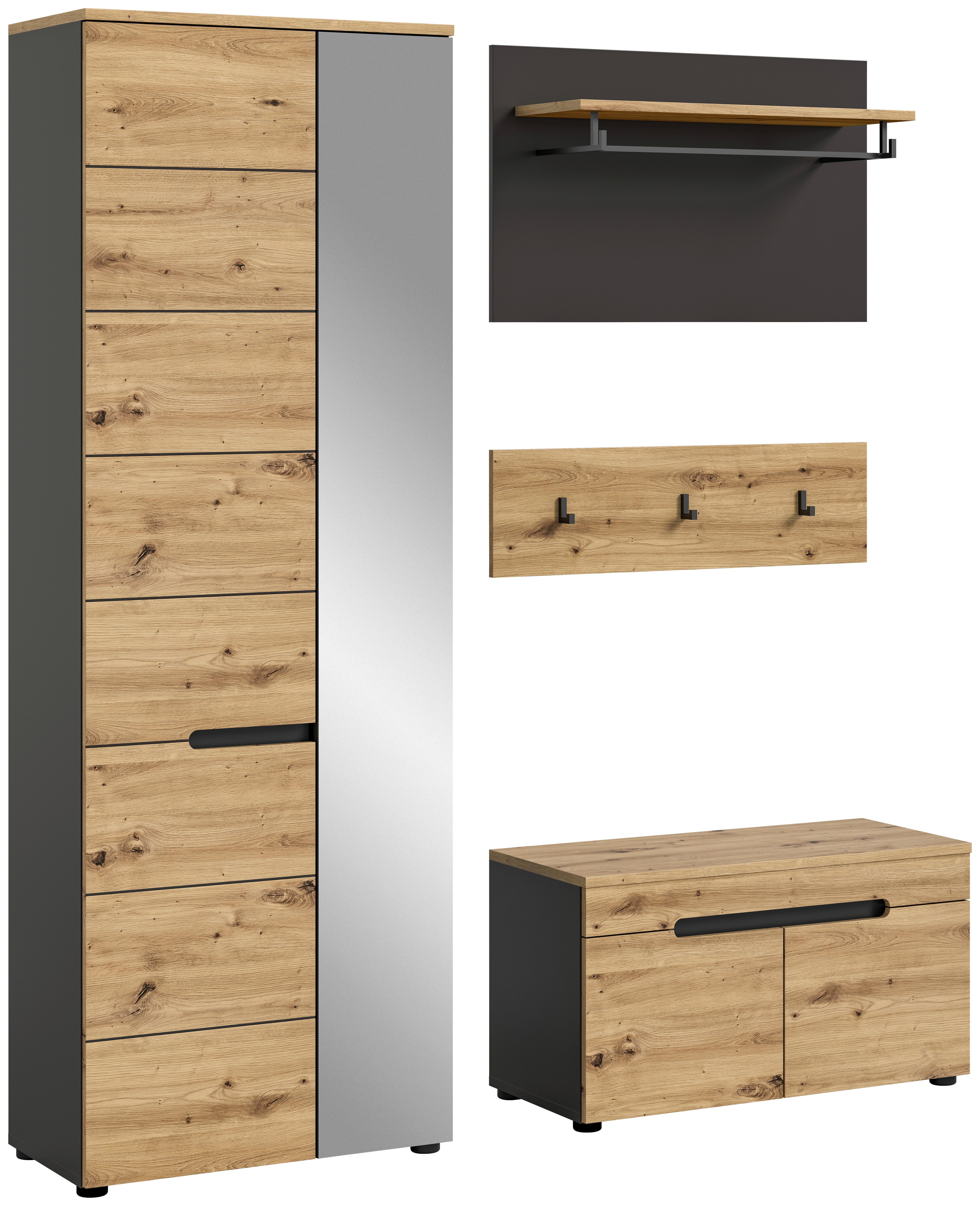 Garderobe Canu 3-teilig ca. 160x190x37cm Eiche Dekor,Grau - KONVENTIONELL, Holzwerkstoff (160/190/37cm) - MID.YOU