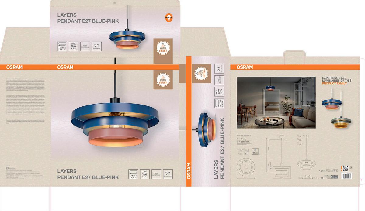 LAMPA WISZĄCA DECOR LAYERS PENDANT E27 BL - różowy/niebieski, Basics, metal (40/136cm) - Osram