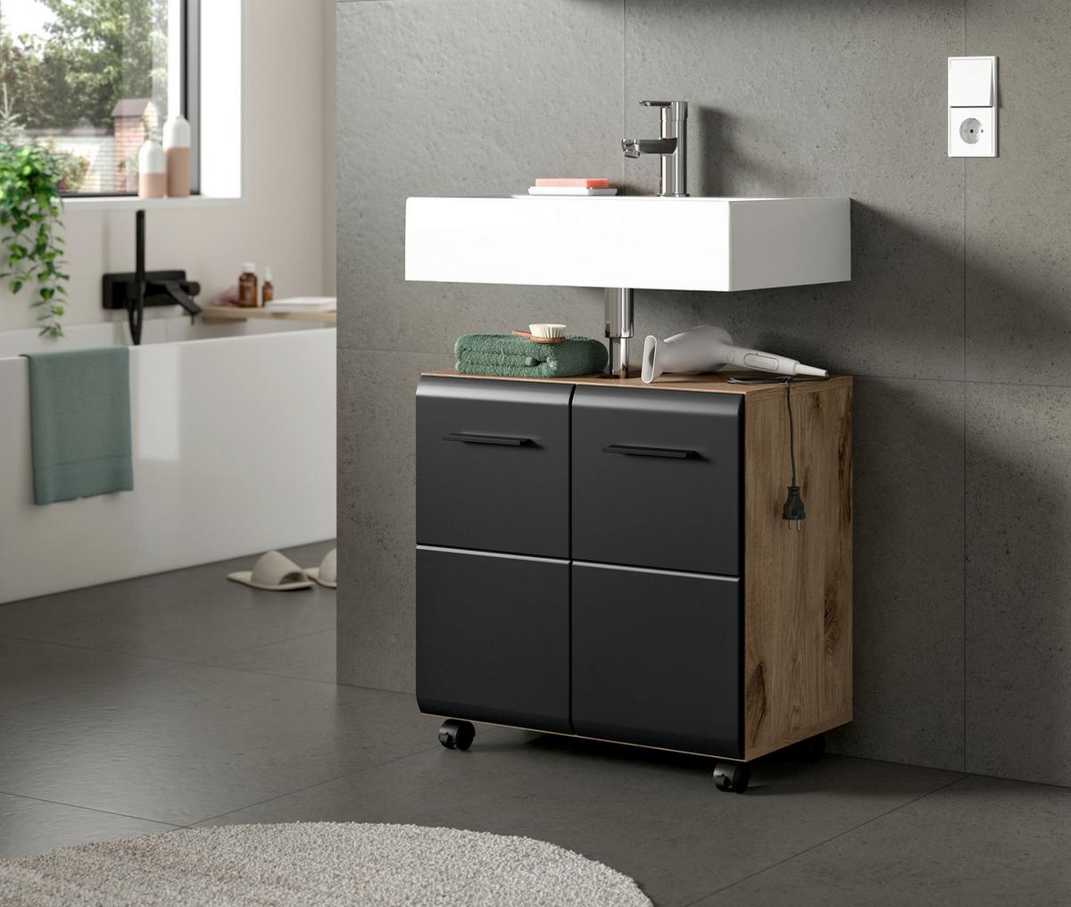 Waschbeckenunterschrank Ice Schwarz/Eiche dunkel - Eiche dunkel/Schwarz, Trend, Holzwerkstoff/Kunststoff (60/58/30cm) - MID.YOU