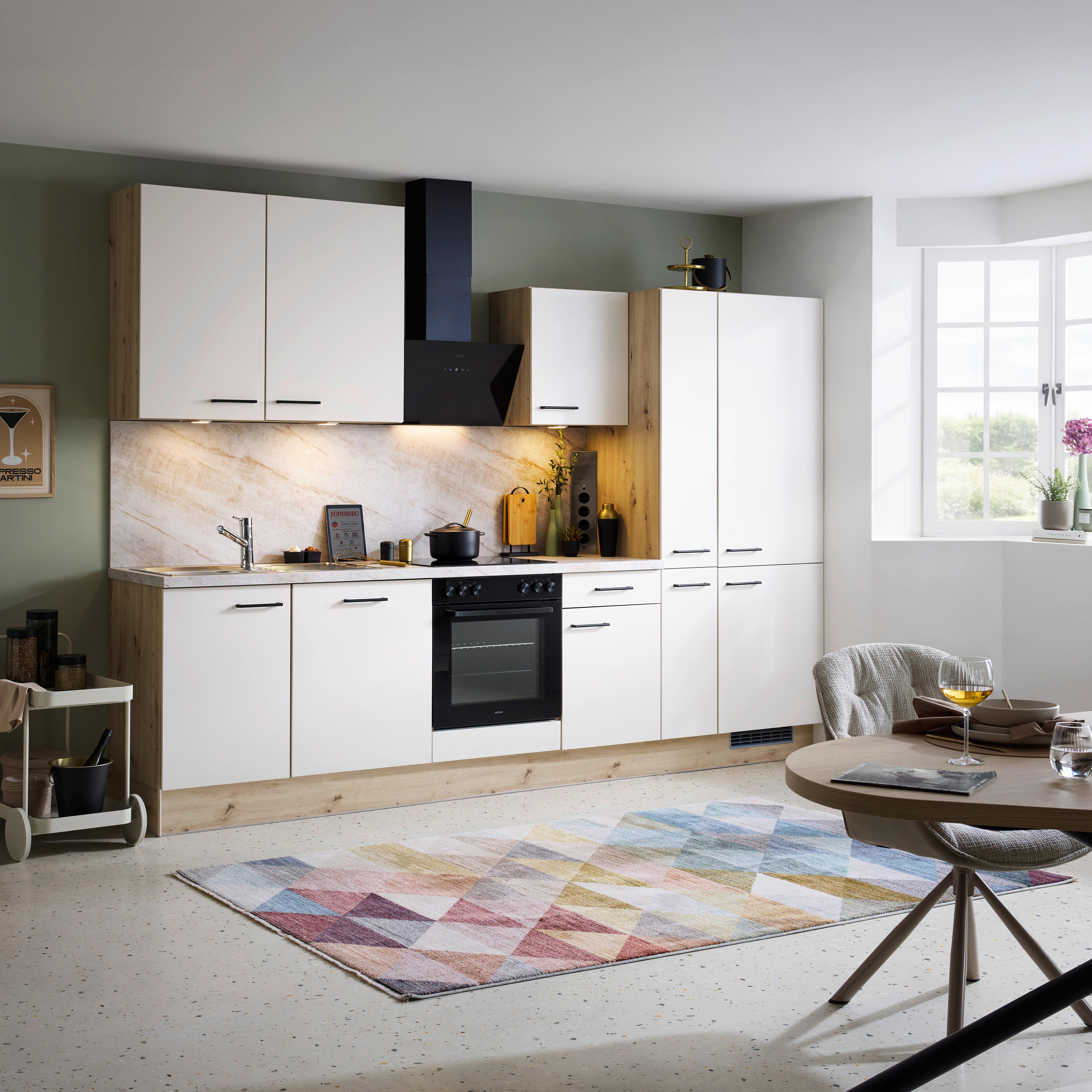 Küchenblock IP1200 o. Geräte Weiß/Eiche - Eichefarben/Schwarz, MODERN, Holzwerkstoff/Metall (310cm) - Impuls