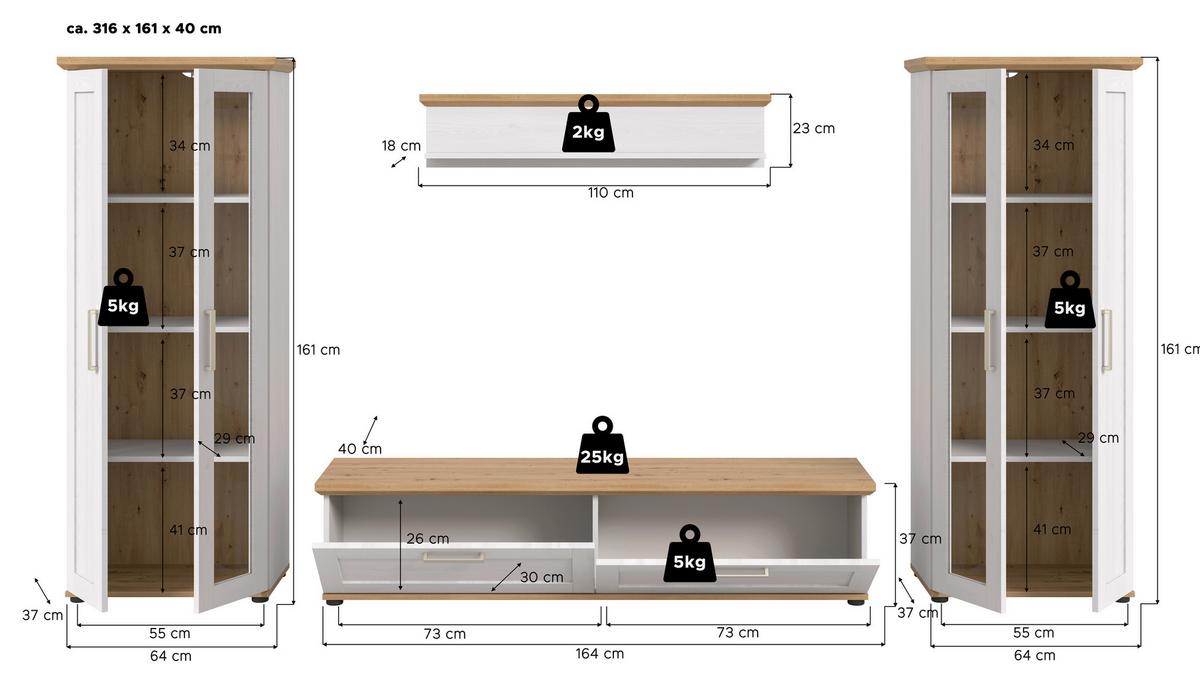 Dnevni Regal Verona, Bela, Barva Macesna, 4-Delni - srebrne barve/barve macesna, Design, umetna masa/leseni material (316/161/40cm) - Livetastic