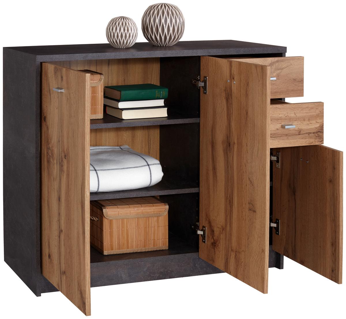 Komód 3 Ajtó 2 Fiók 4-You - tölgyfa színű/szürke, Modern, faalapú anyag (109,1/85,4/34,6cm)