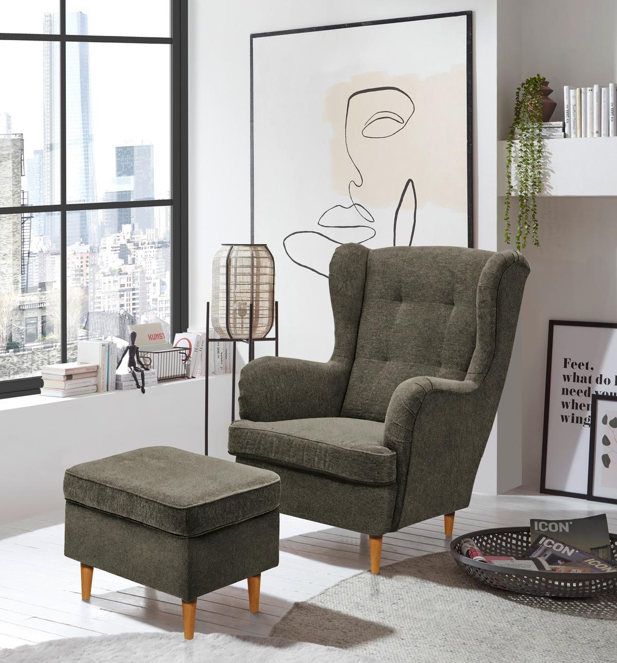 HOKER HUGO - dąb wotan/oliwkowa zieleń, Basics, tkanina/drewno (63/43/42cm) - Carryhome