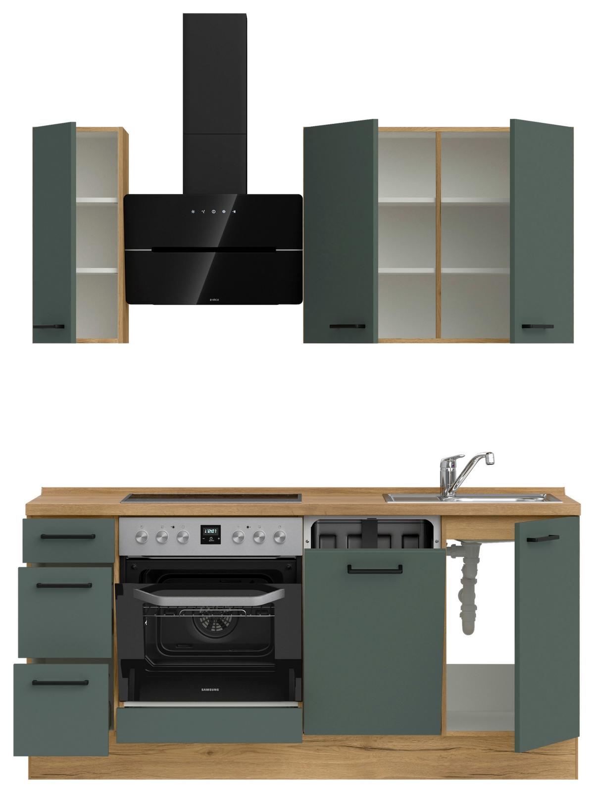 Küchenblock Easytouch m. Geräten Dunkelgrün - Dunkelgrün/Eichefarben, MODERN, Holzwerkstoff/Metall (180cm) - Nobilia