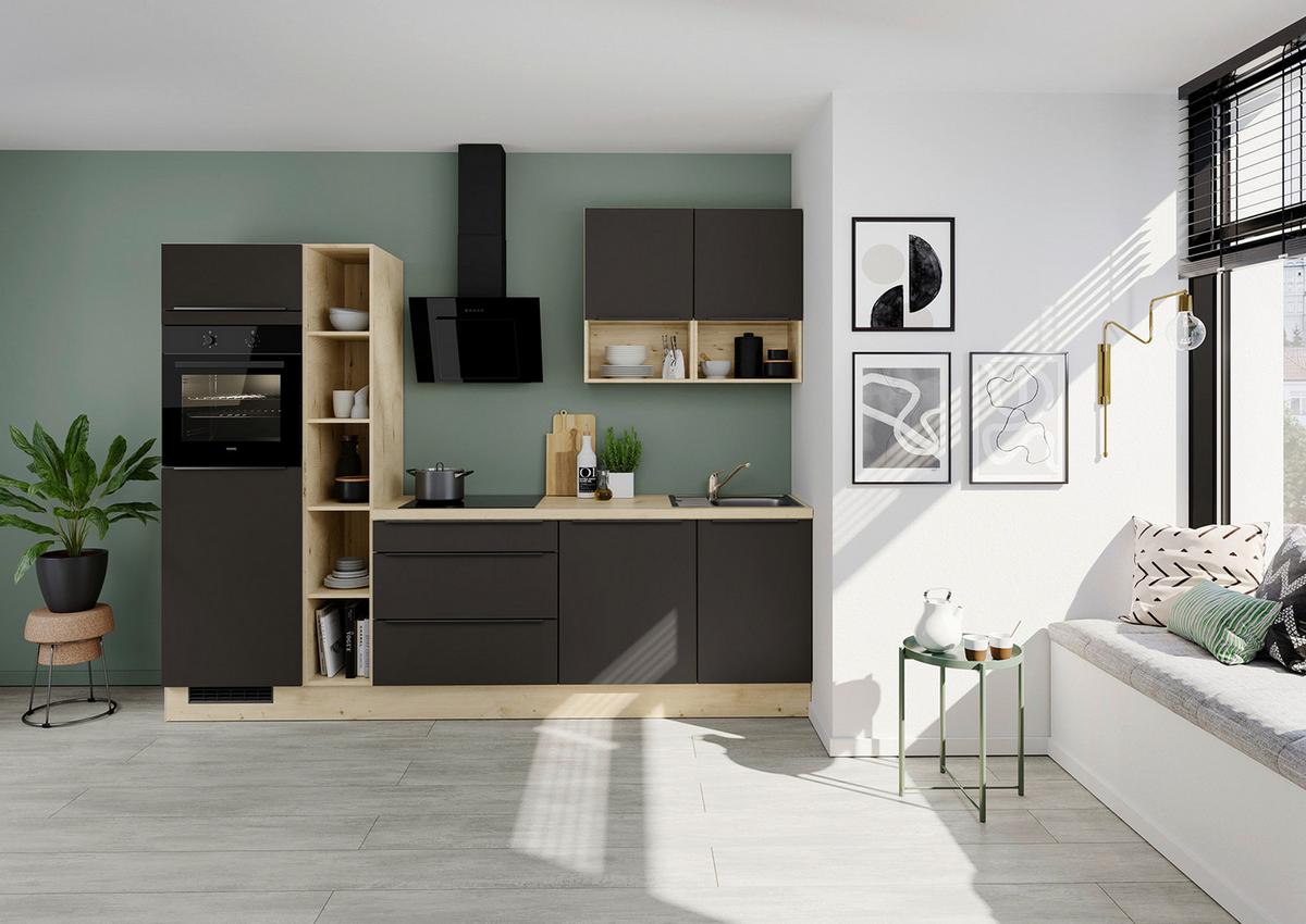 Küchenblock IBZ mit Geräten ca. 280 cm Braun - Eichefarben/Schwarz, Design, Holzwerkstoff/Metall (280cm) - Impuls