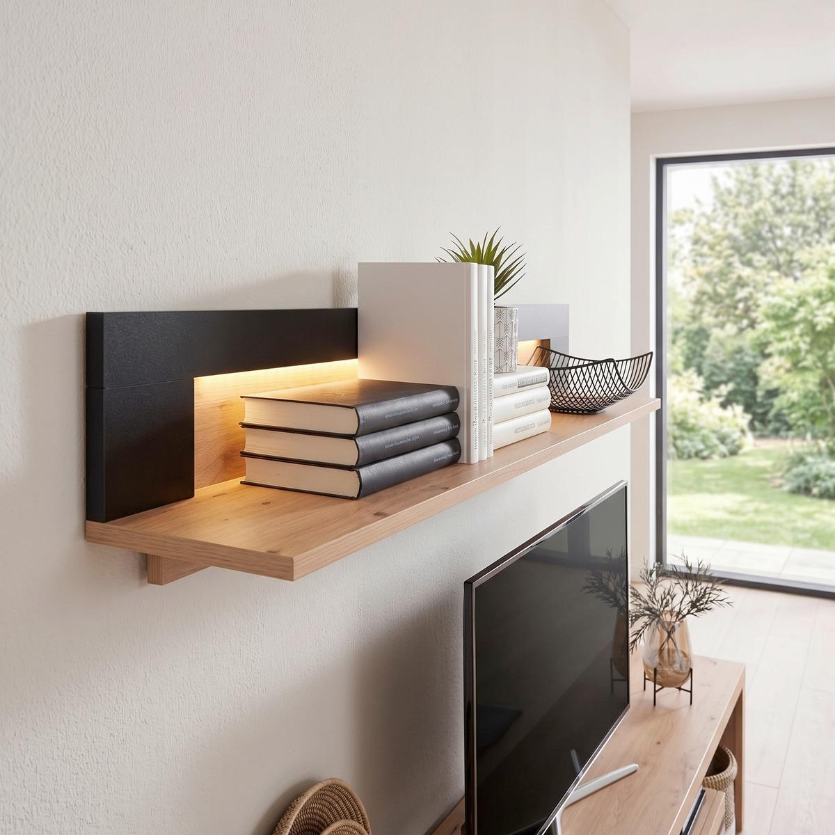 Zidna Polica Nyon - boje hrasta/crna, Moderno, drvni materijal (110/23/19,6cm) - Modern Living