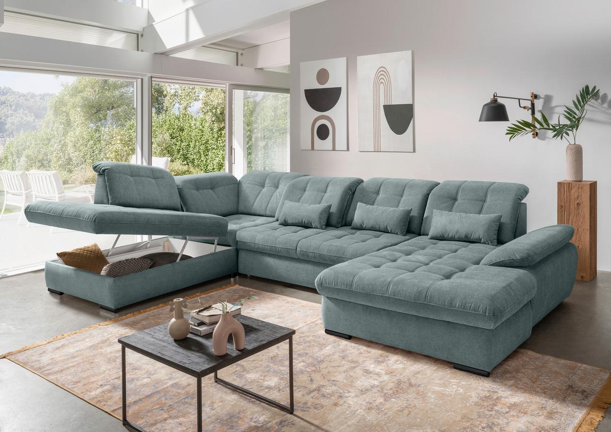 Wohnlandschaft Rigatti Blau Chenille mit Bettkasten - Blau/Schwarz, MODERN, Textil/Metall (252/387/184cm) - Livetastic