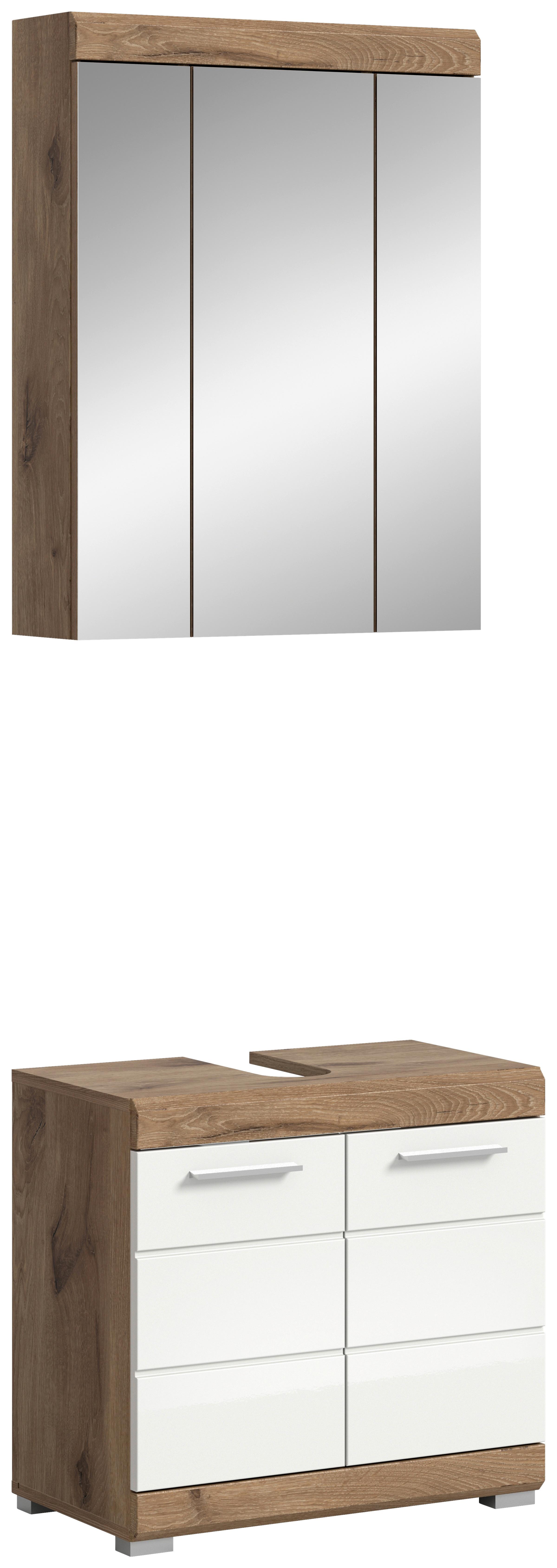 Badezimmer Wave 2-tlg. ca. 60 cm Eiche/Weiß - Chromfarben/Weiß Hochglanz, MODERN, Glas/Holzwerkstoff (60cm) - MID.YOU