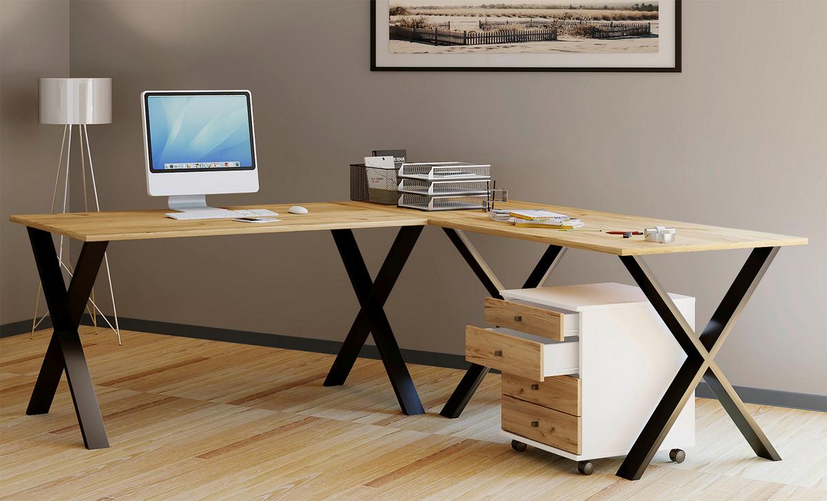 Kotna Pisalna Miza Lona, Barva Hrasta, Črna, 160x160cm - srebrne barve/črna, Moderno, kovina/leseni material (160/160/76cm) - MID.YOU