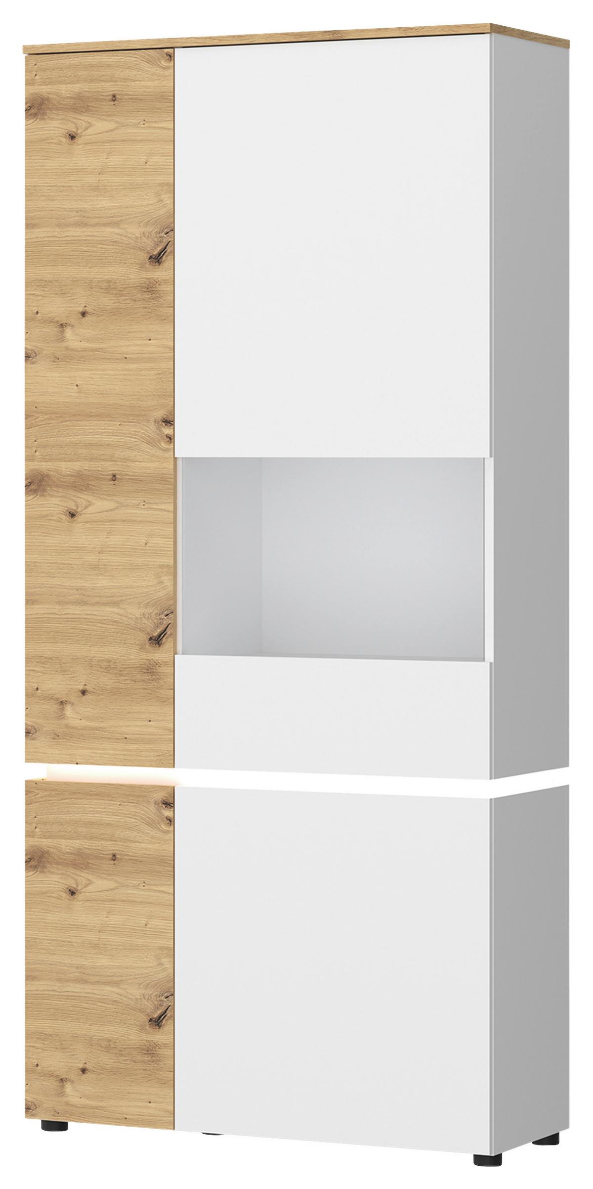 Vitrină LUCI - alb/stejar Artisan, Trend, sticlă/material pe bază de lemn (90,4/199/40cm) - Modern Living