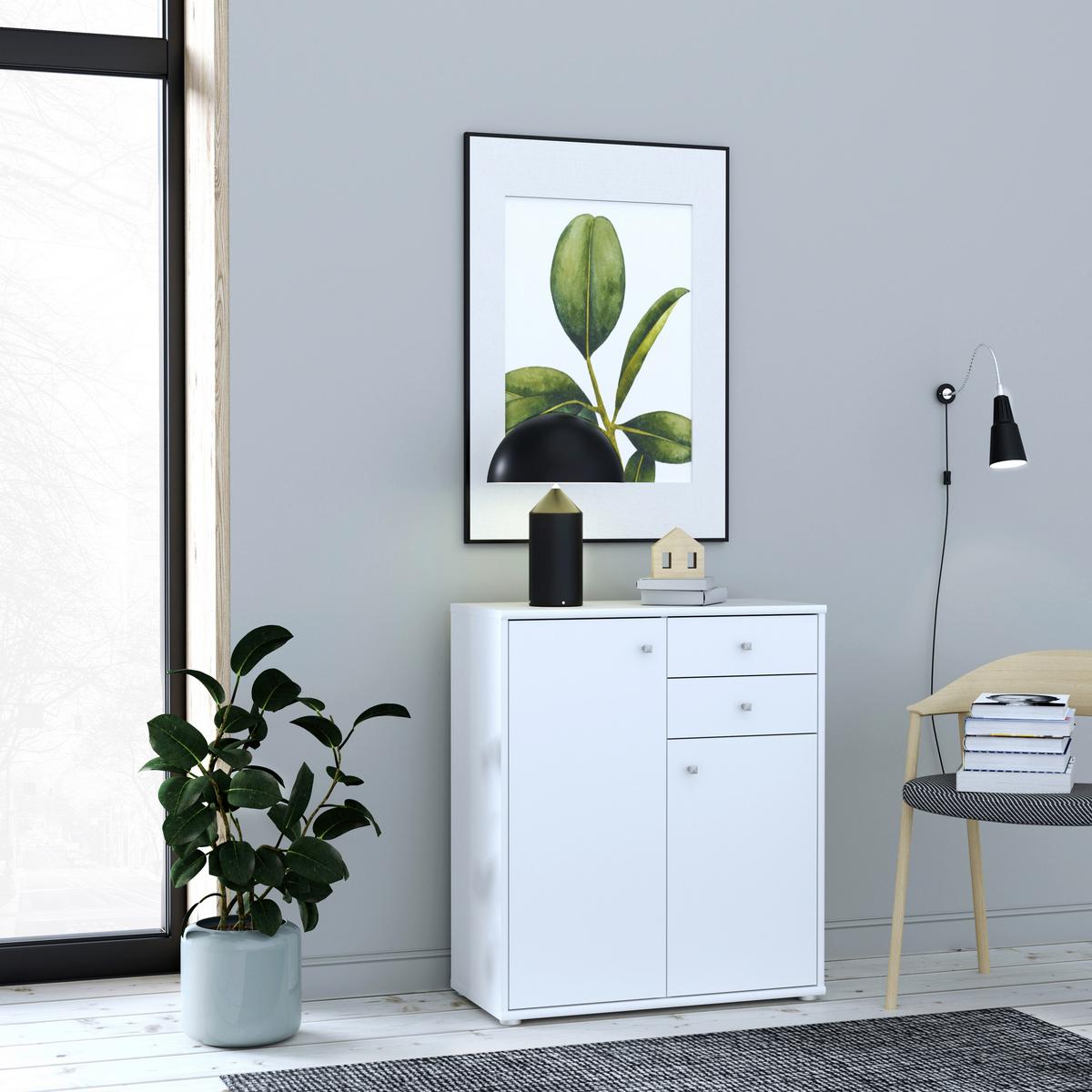 Komoda Tempra 2, Bela - bela/barve aluminija, Design, leseni material (73,7/85,5/34,8cm)