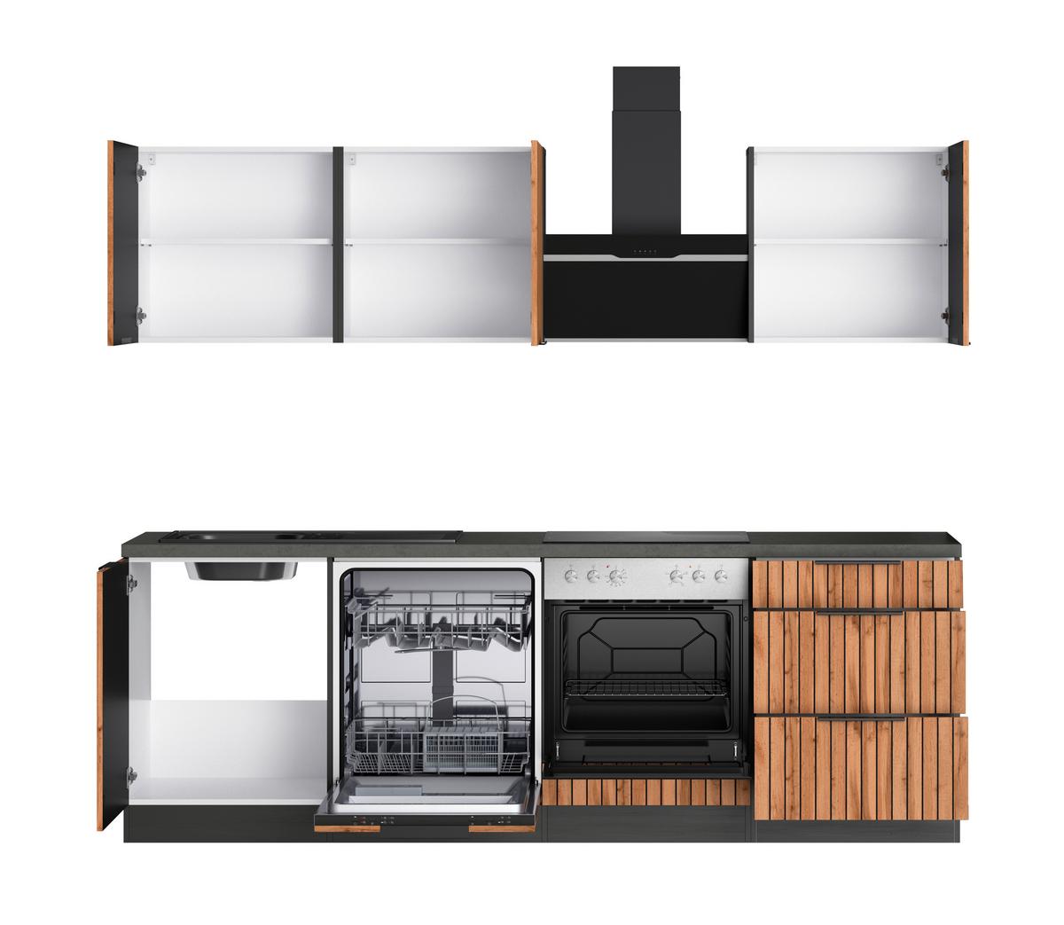 Küchenblock Liverpool m. Geräte Graphit/Eichefarben - Schieferfarben/Eiche Wotan, Basics, Holzwerkstoff/Metall (240cm) - Held