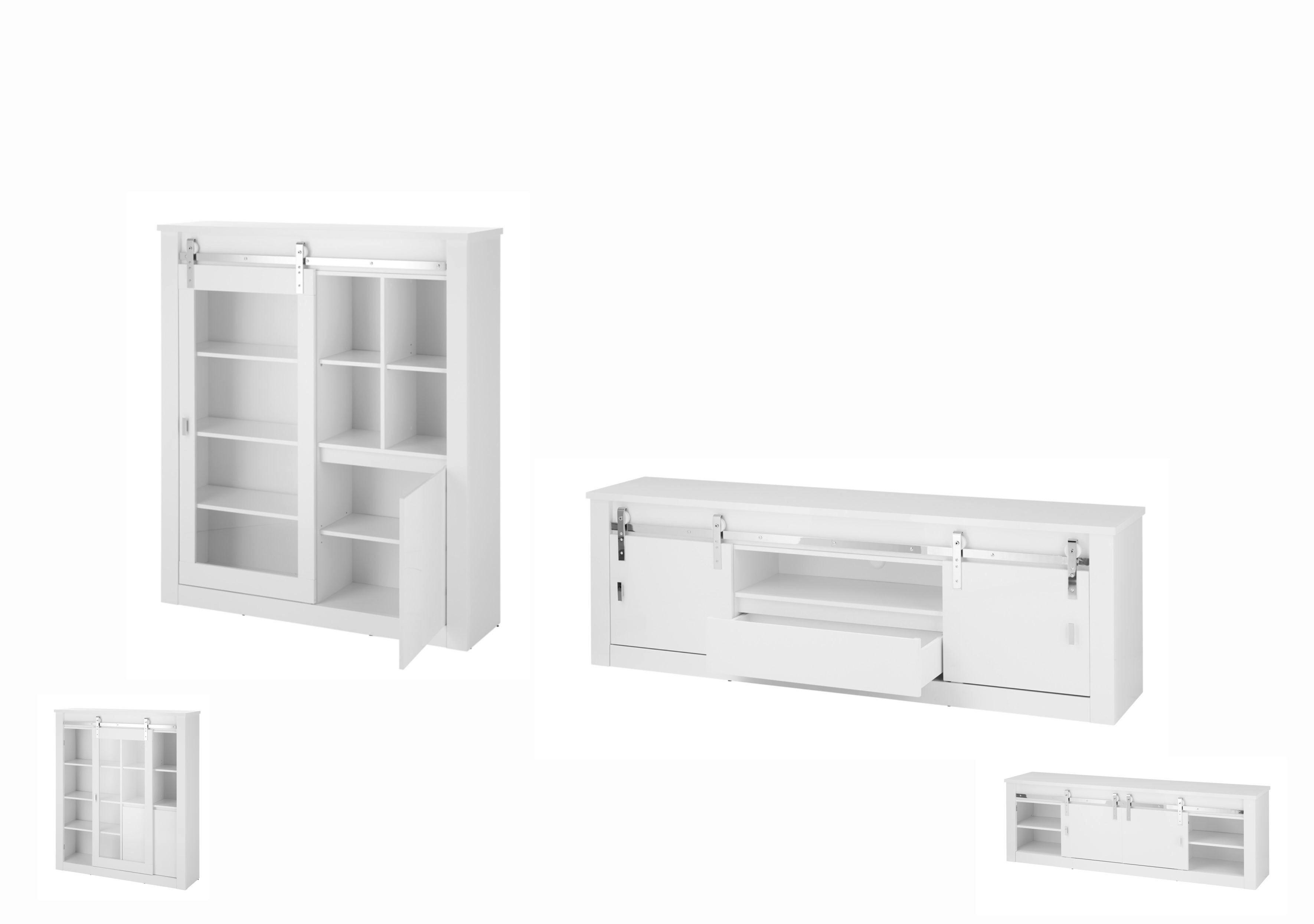 Wohnwand Daytona Weiß/Weiß Hochglanz - Chromfarben/Weiß Hochglanz, Design, Holzwerkstoff/Metall (349/152/43cm) - Livetastic