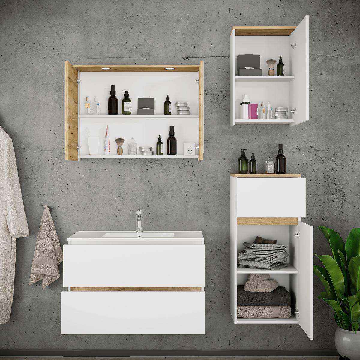 Badezimmer Cosila - Honigeiche/Weiss, Trend, Keramik/Holzwerkstoff (121cm) - MID.YOU