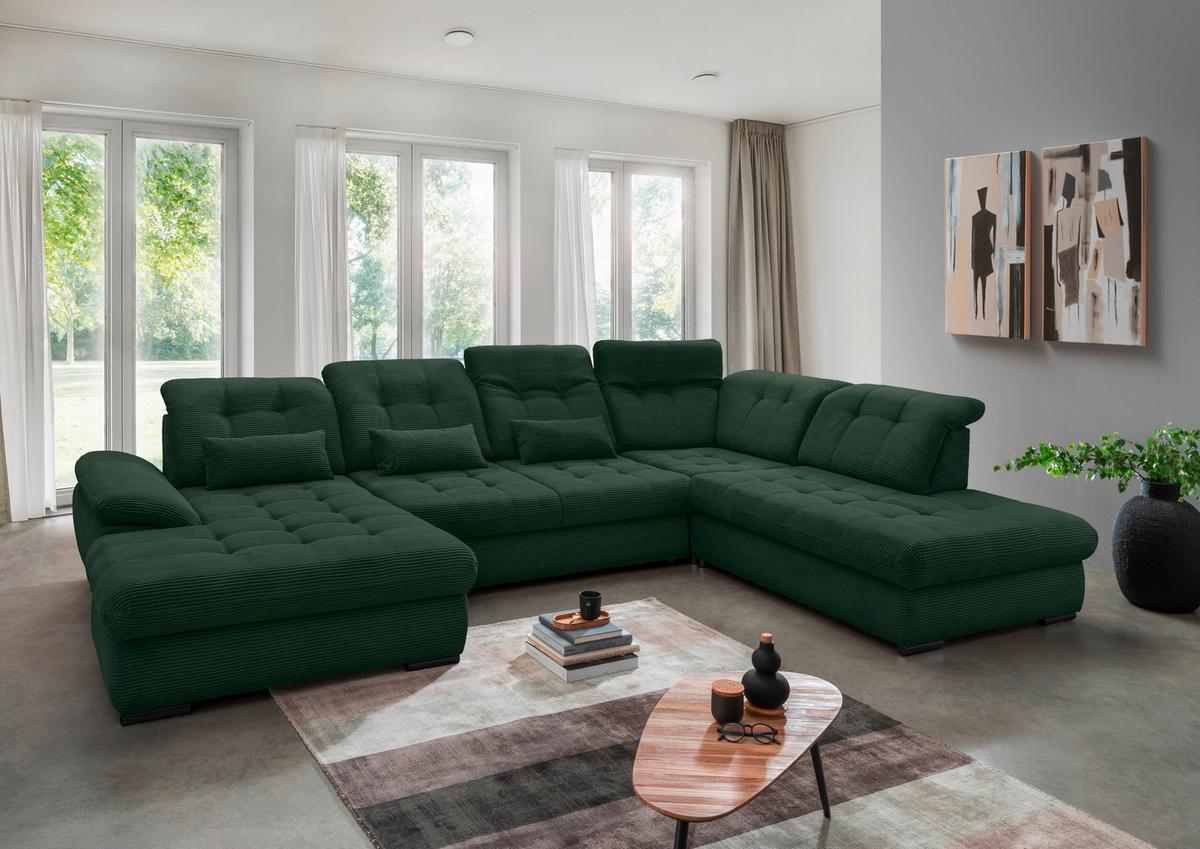 Wohnlandschaft Rigatti Dunkel Grün Cord mit Bettkasten - Dunkelgrün/Schwarz, MODERN, Textil/Metall (184/387/252cm) - Livetastic