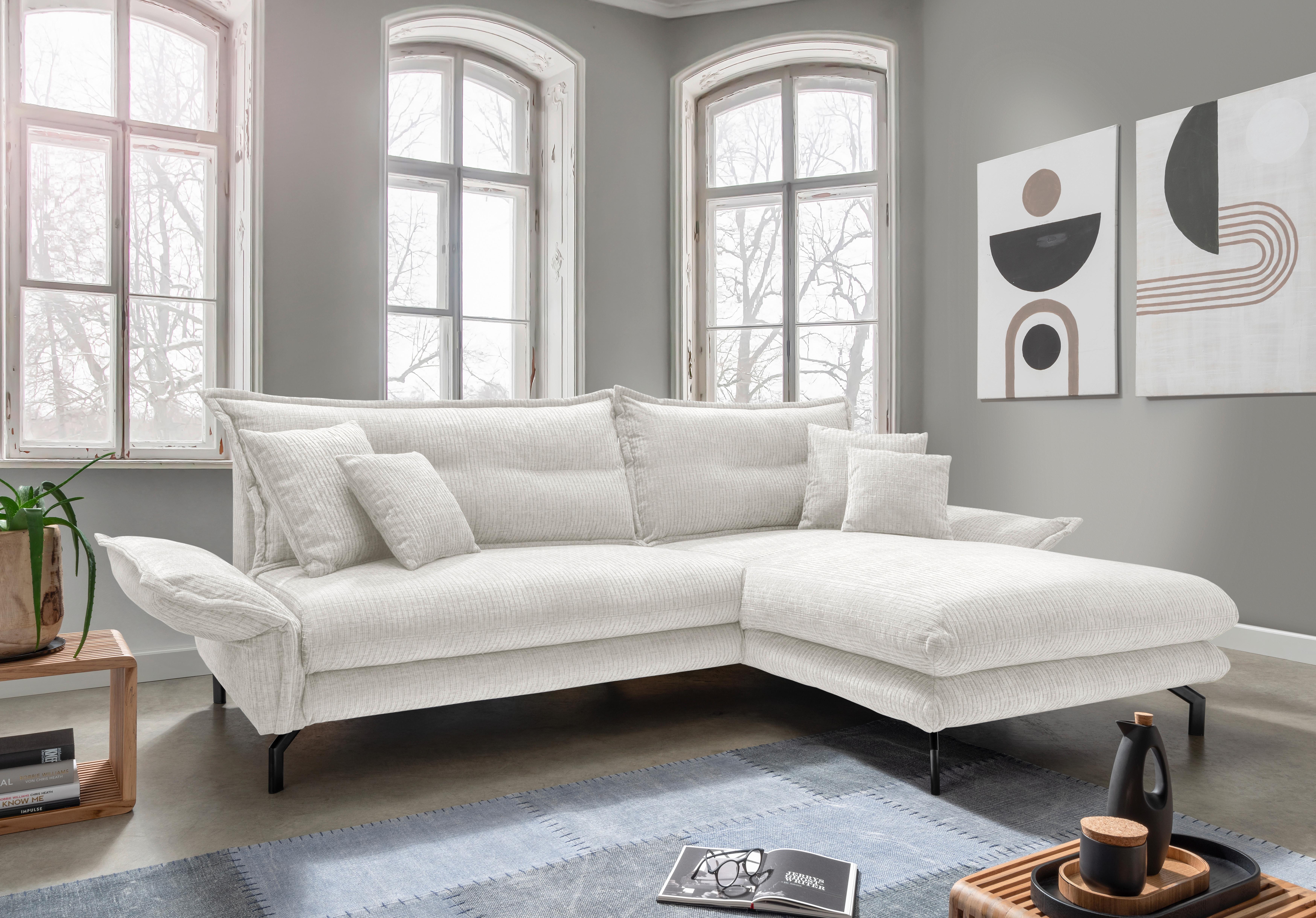 Ecksofa Lava Weiß Velours - Creme/Schwarz, Design, Textil/Metall (255/180cm) - Livetastic
