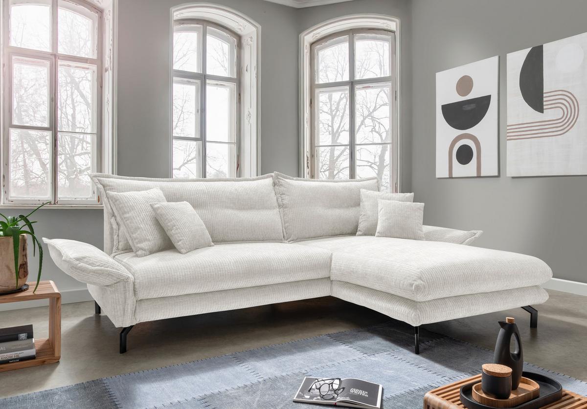 Ecksofa Lava Weiß Velours - Creme/Schwarz, Design, Textil/Metall (255/180cm) - Livetastic
