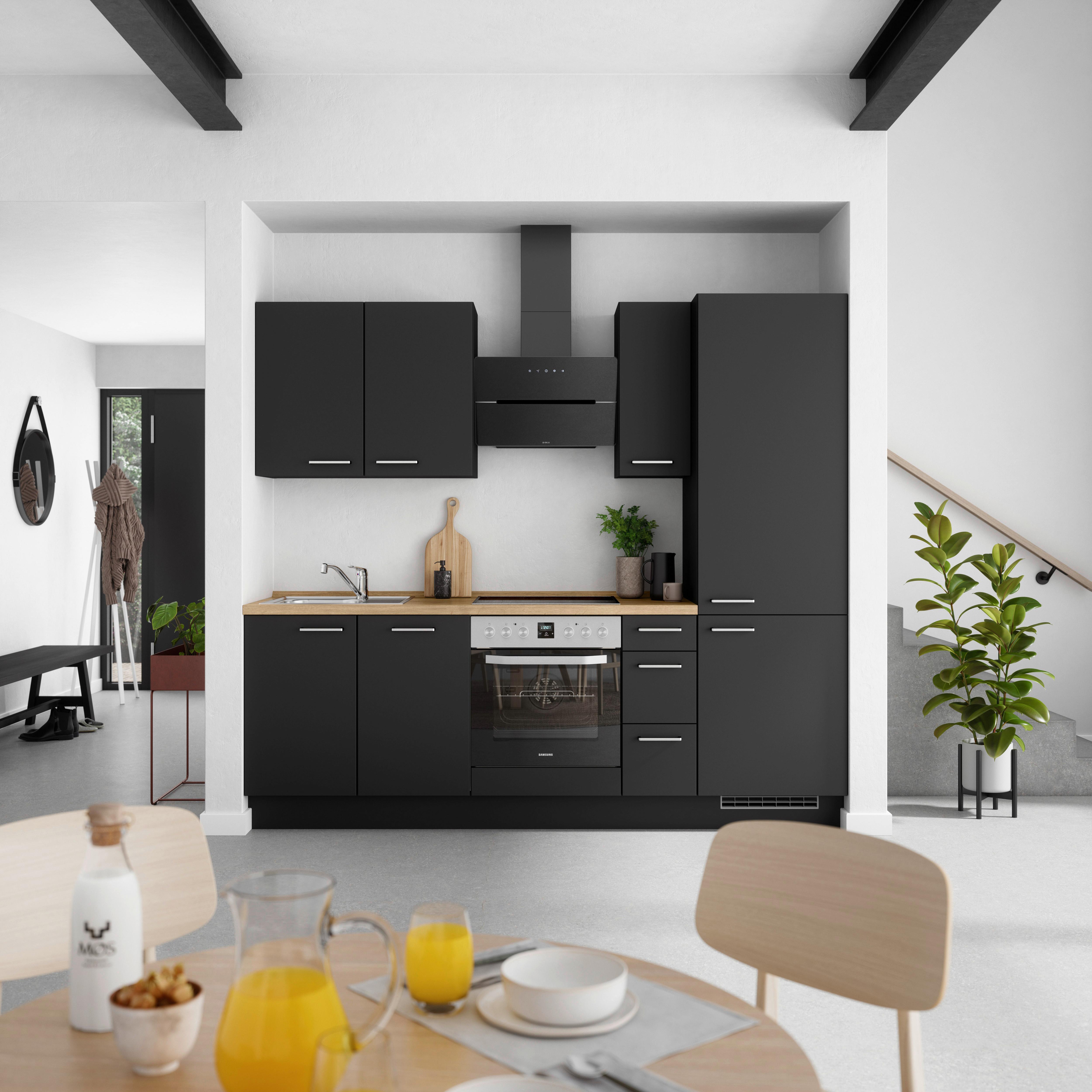 Küchenblock Touch High m. Geräten Schwarz - Edelstahlfarben/Eichefarben, MODERN, Holzwerkstoff/Metall (240cm) - Nobilia