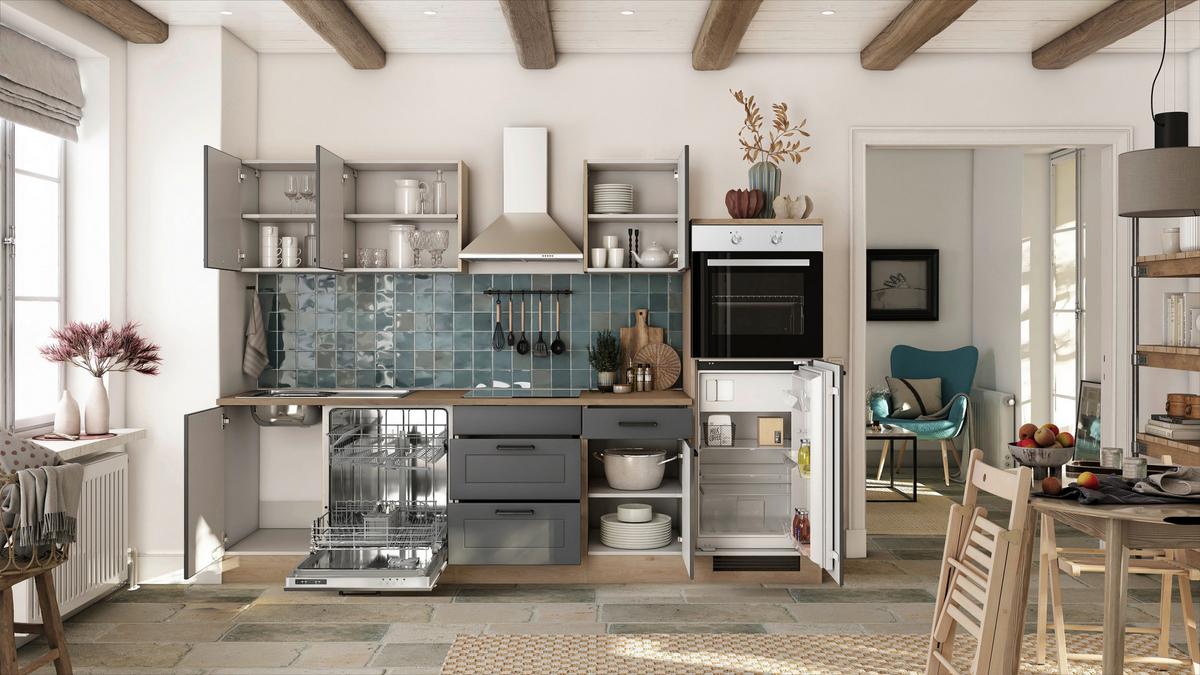 Kuhinjski Blok Z Aparati Romeo, Antracit, Barva Hrasta - črna/barve hrasta, Basics, kovina/leseni material (280cm) - FlexWell