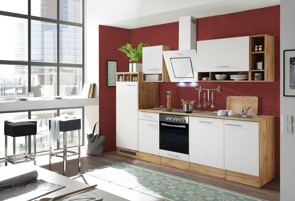 Küchenzeile Economy o. Geräte Weiß/Wildeiche B: ca. 280 cm - Wildeiche/Silberfarben, Basics, Holzwerkstoff/Metall (280/205/60cm) - Respekta