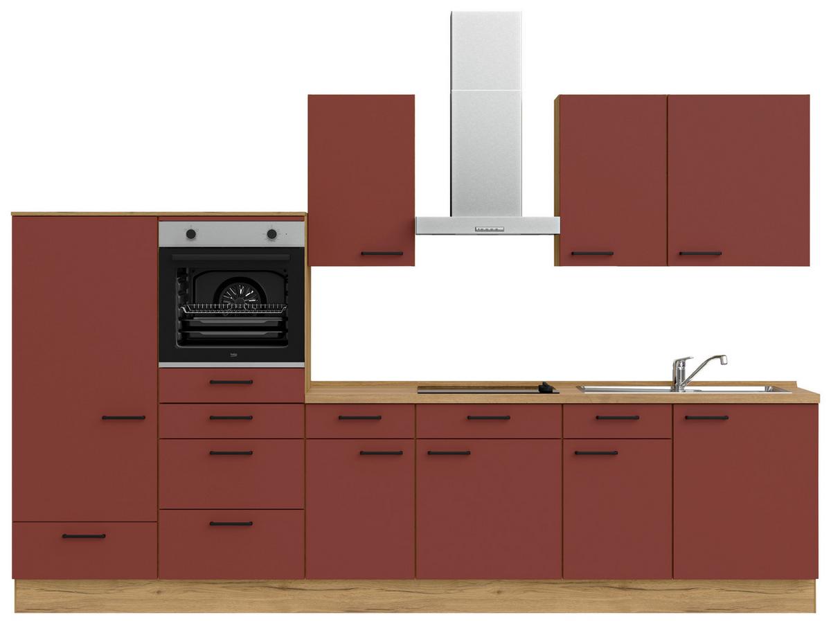 Küchenblock Easytouch Low m. Geräten Dunkelrot - Eichefarben/Schwarz, MODERN, Holzwerkstoff/Metall (330cm) - Nobilia