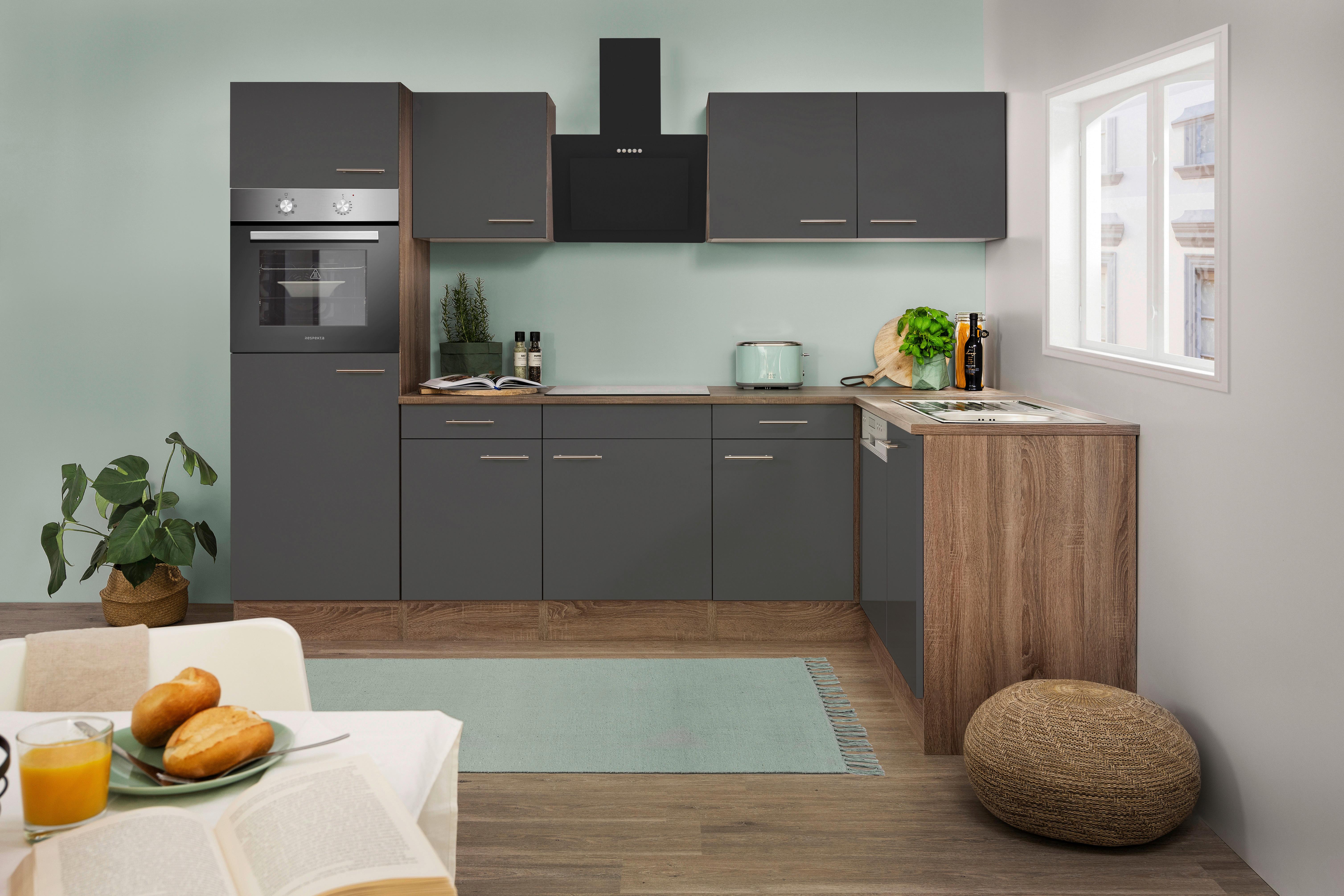 Eckküche Oliver mit Geräten ca. 280x172 cm Grau - Eichefarben/Grau, Basics, Holzwerkstoff/Metall (280/172cm) - Respekta