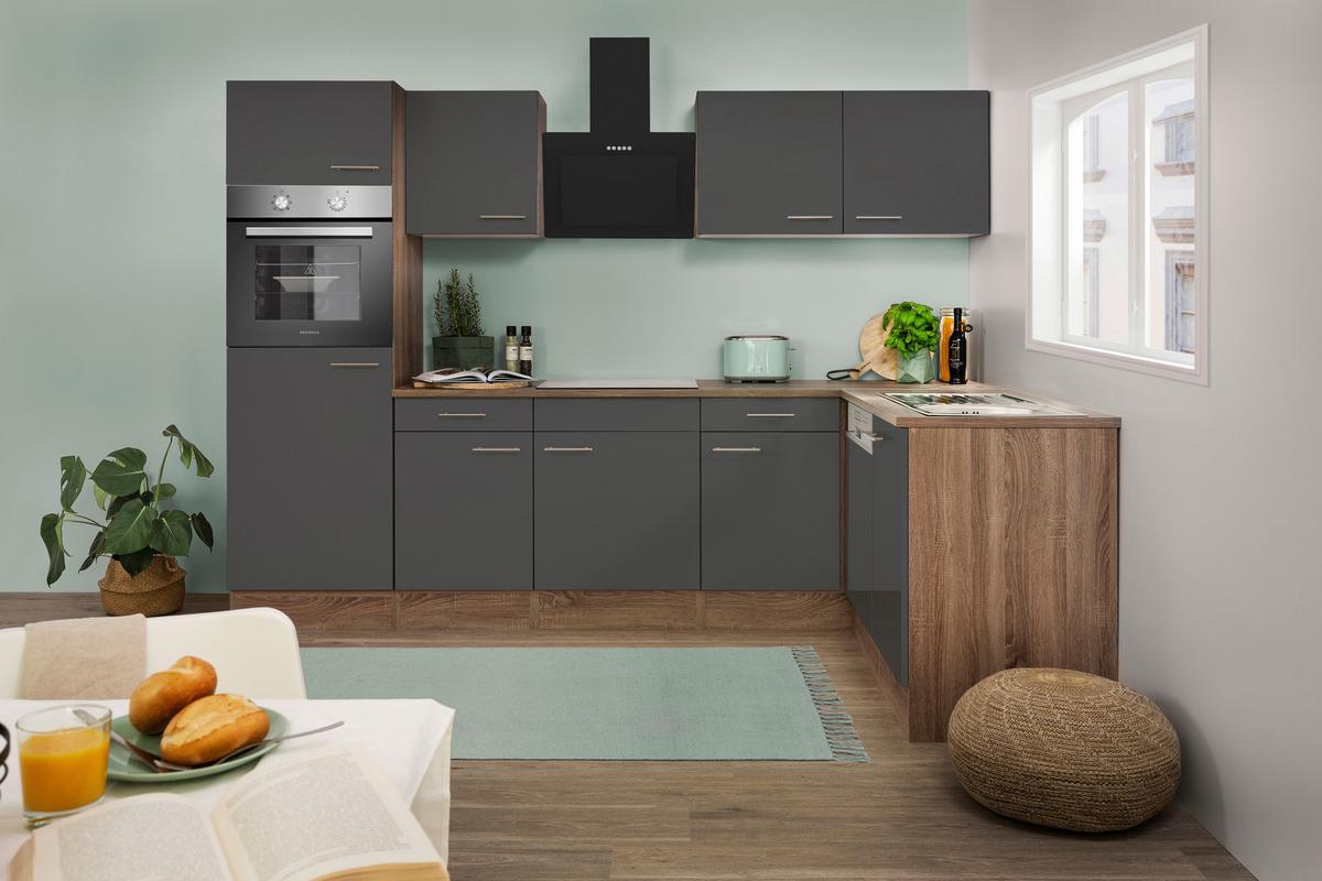 Eckküche Oliver mit Geräten ca. 280x172 cm Grau - Eichefarben/Grau, Basics, Holzwerkstoff/Metall (280/172cm) - Respekta