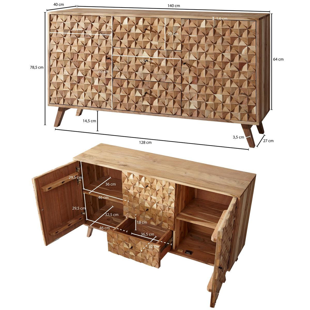 Komoda Rewa, Pravi Les - črna/barve akacije, Design, kovina/les (140/40/79cm) - MID.YOU