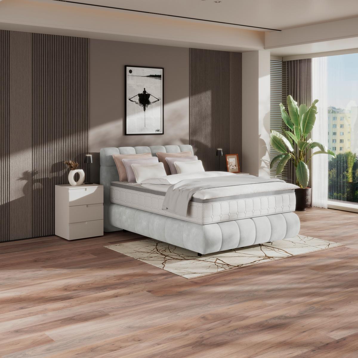 Boxspring Krevet Nobu - svijetlo siva/crna, Trend, drvo/tekstil (140/200cm) - Premium Living