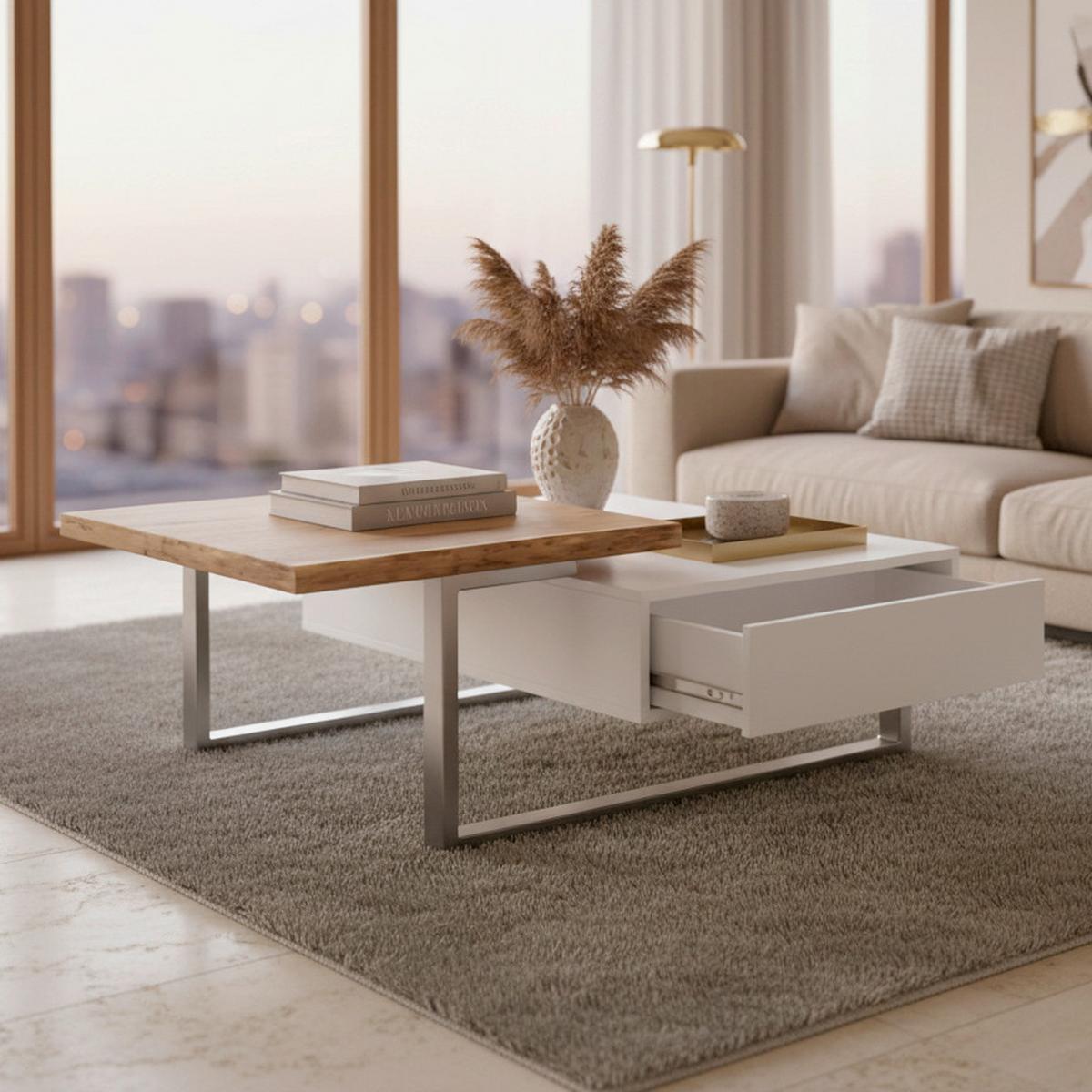 Couchtisch Carlos Weiß/Eichefarben Echtholz/MDF - Eichefarben/Weiß, MODERN, Holz/Metall (110/61/40cm) - Bessagi Home